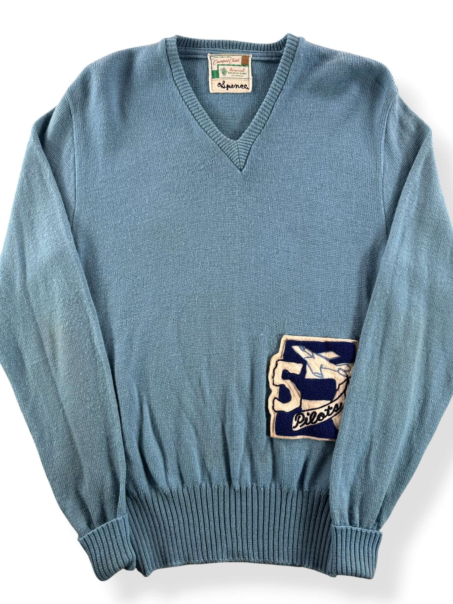 Front Close Up of Vintage Campus Class Pilots Letterman Pullover Sweater SZ S