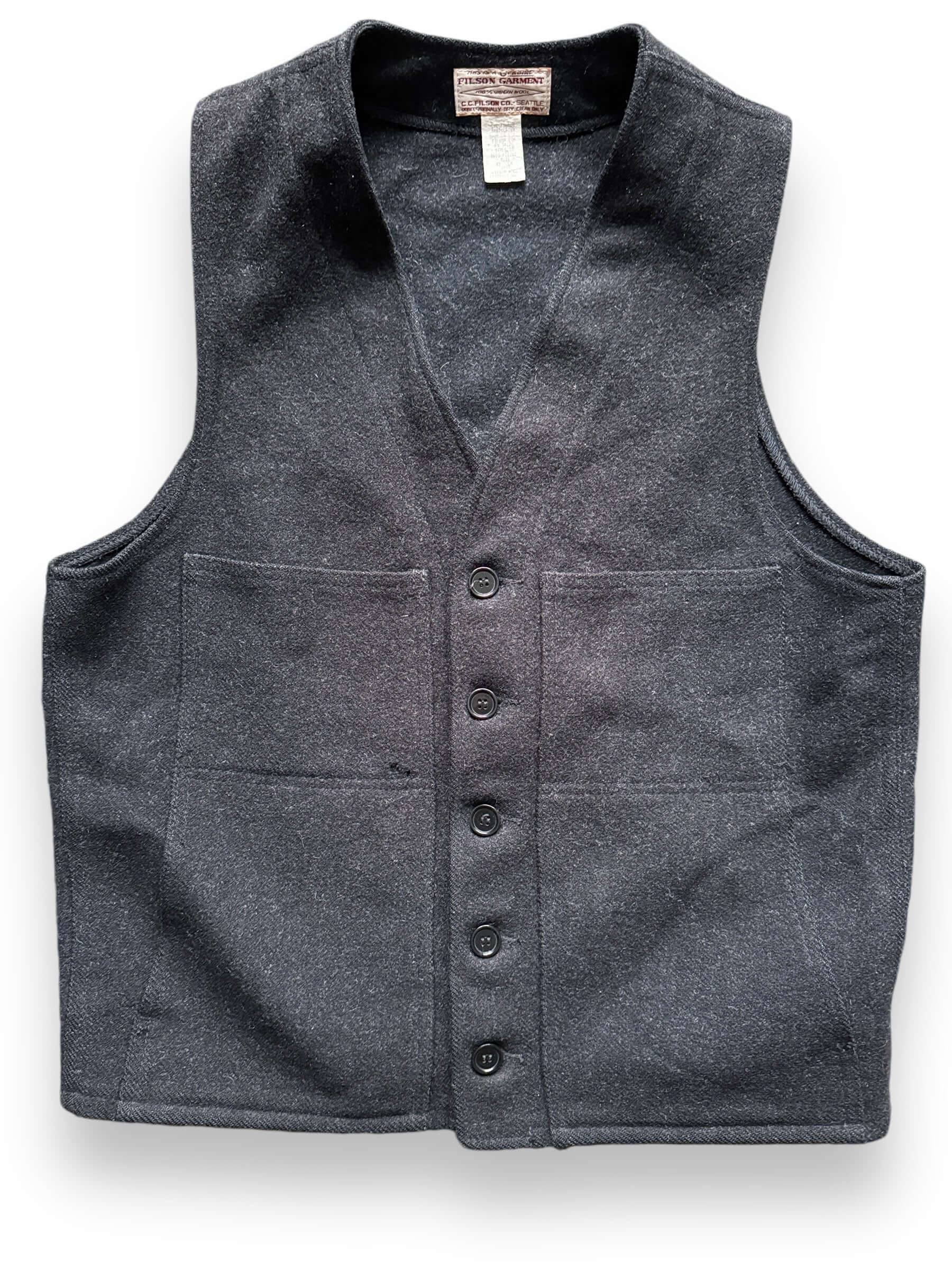 Front Detail on Filson Charcoal Mackinaw Wool Vest SZ 42