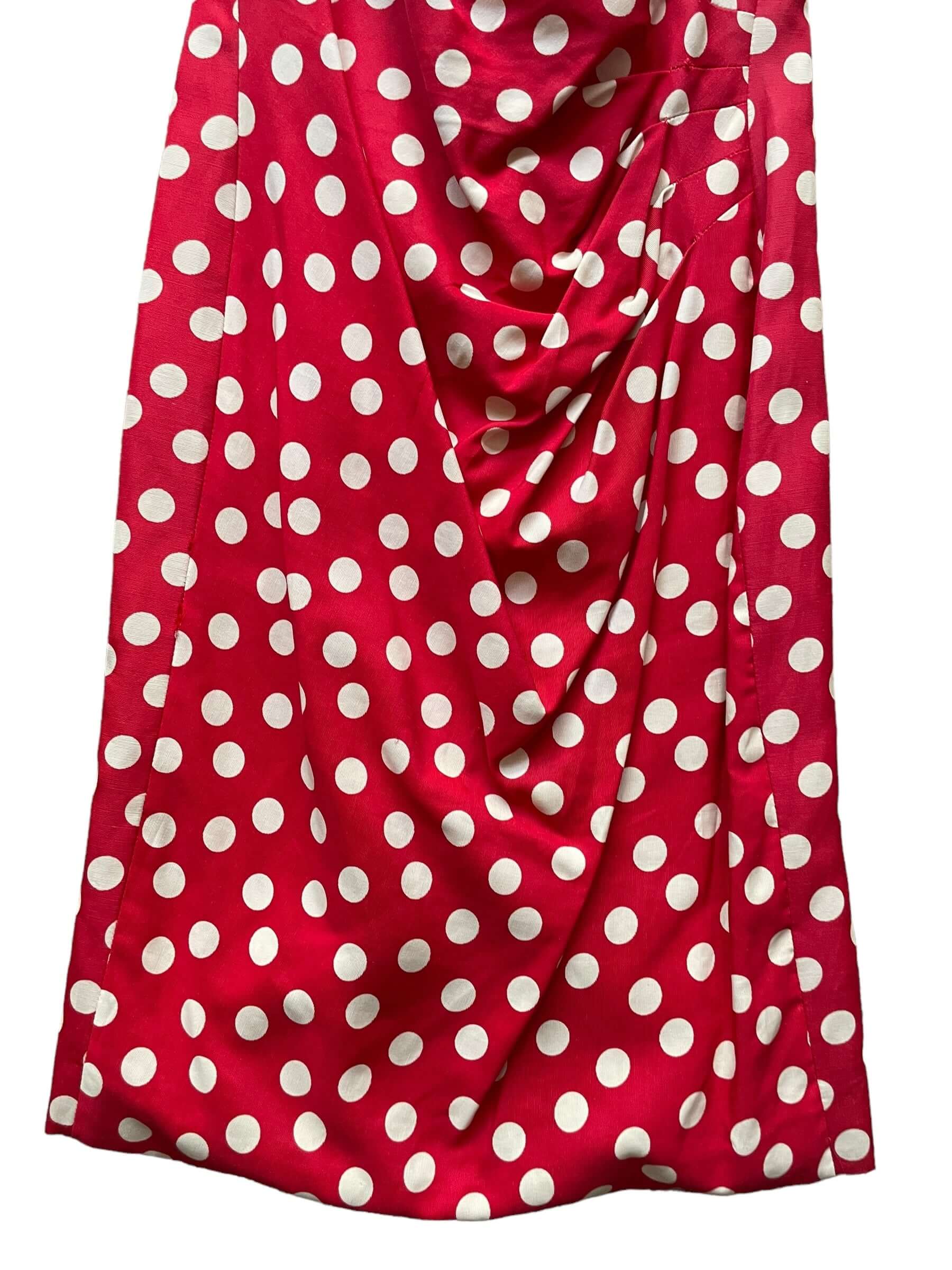 Front skirt view of 1980s Poofy Red Polka Dot Wiggle Dress M-L