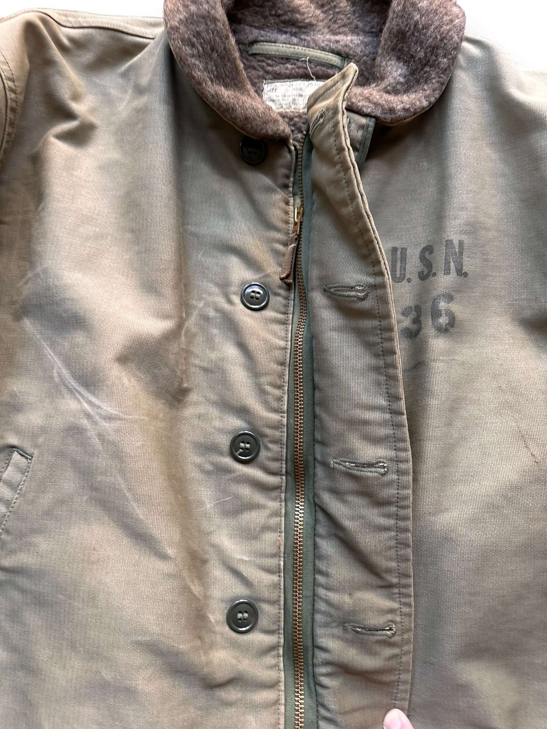 Zip Pull View of Vintage 1961 USN N-1 Deck Jacket SZ 46 |  Vintage Military N1 Deck Jacket Seattle |  Barn Owl Vintage Seattle