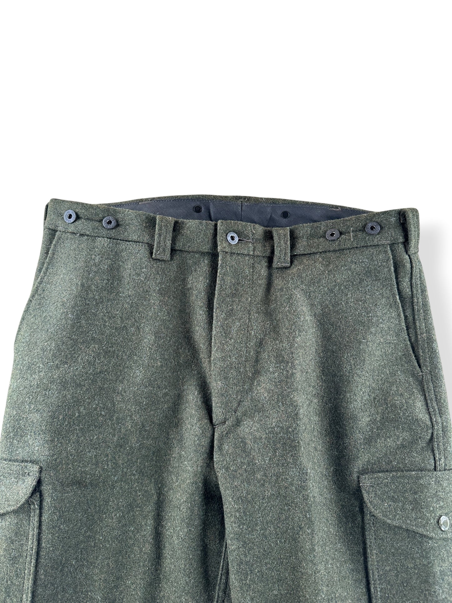 Front Close Up of Filson Forest Green Mackinaw Wool Field Pants W36 (Fits W38)