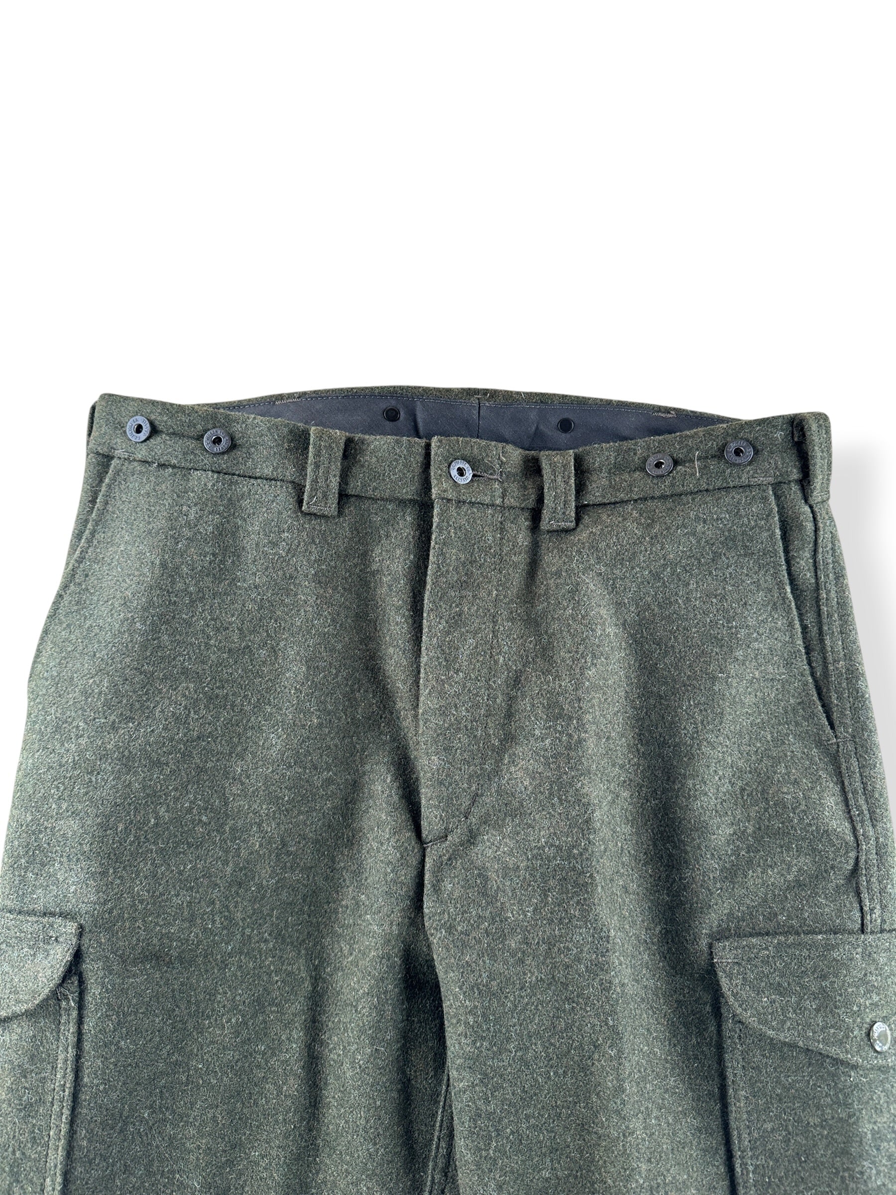 Front Close Up of Filson Forest Green Mackinaw Wool Field Pants W36 (Fits W38)