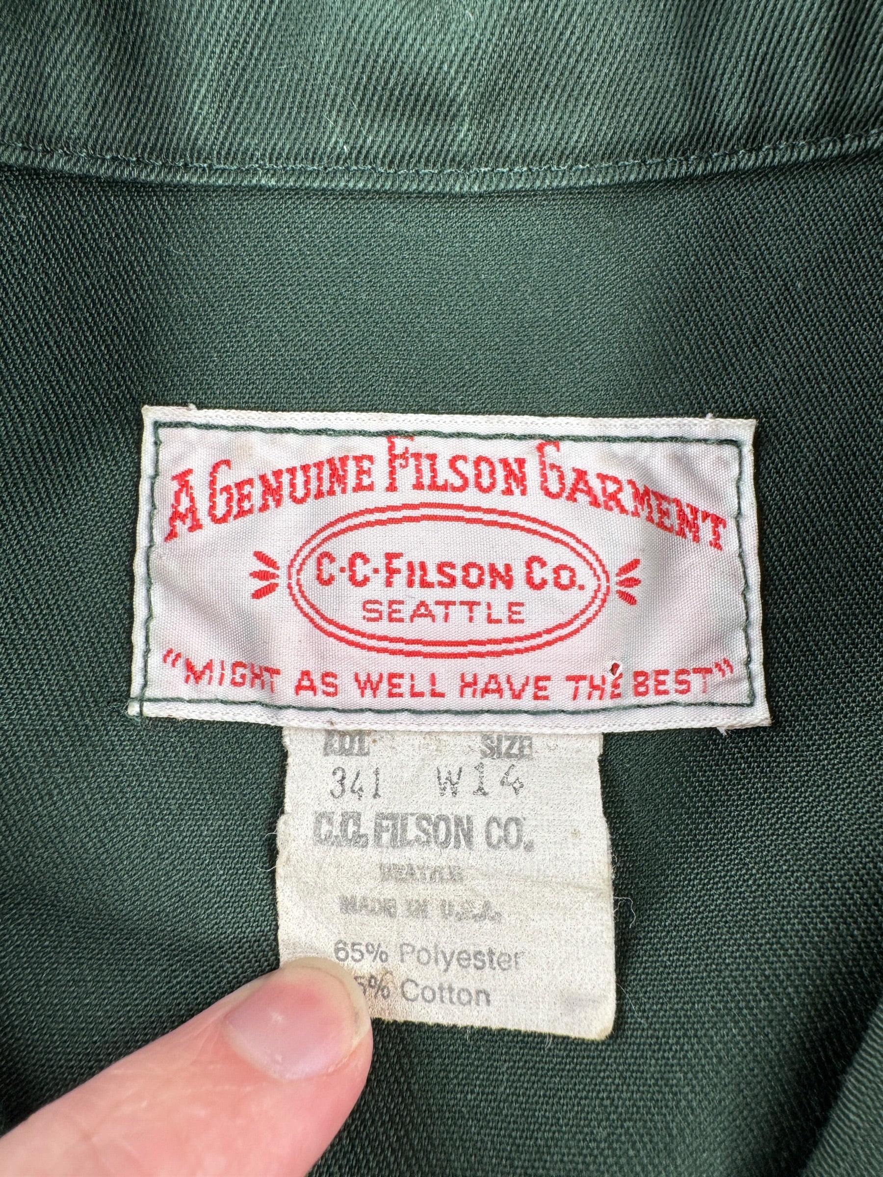 Tag on Vintage Filson US Forestry Service Cruiser SZ W 14