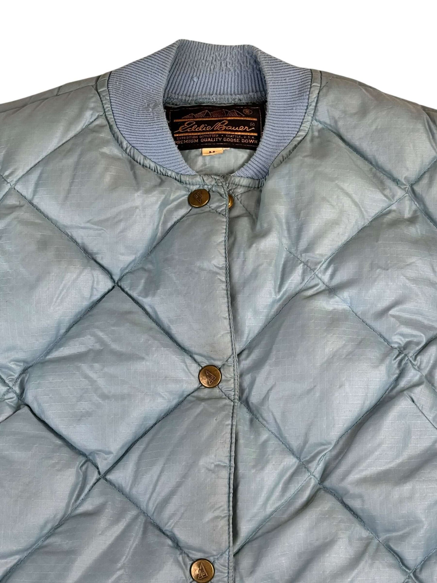 Front view of 80s Eddie Bauer Pale Blue Quilted Puffer Jacket M