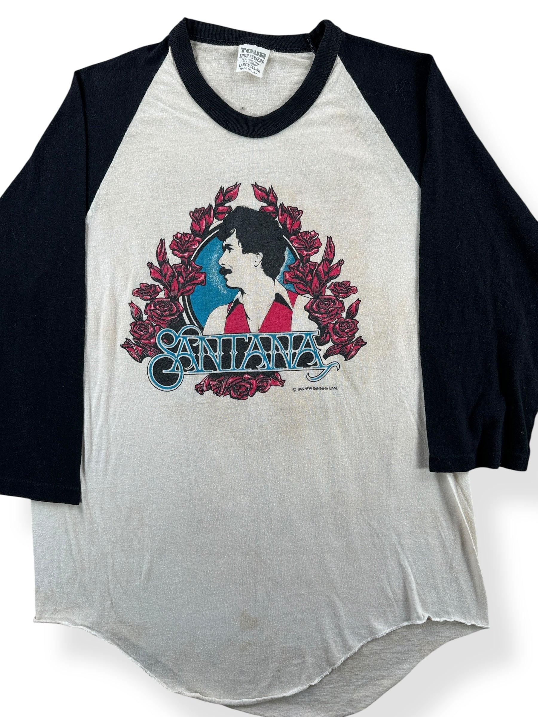 Front Close Up of Vintage 1979 Santana Raglan Tee SZ M