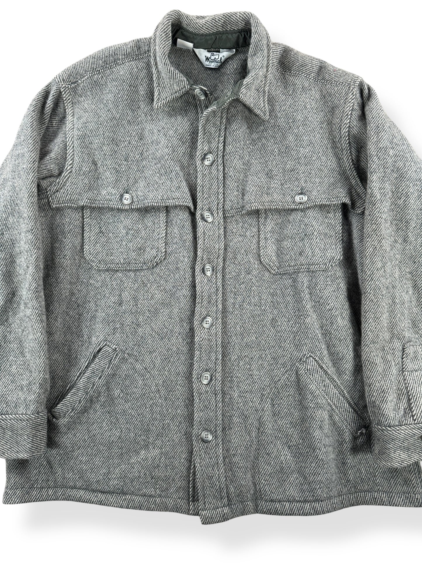 Front Close Up of Vintage Woolrich Herringbone Halibut Jacket SZ L