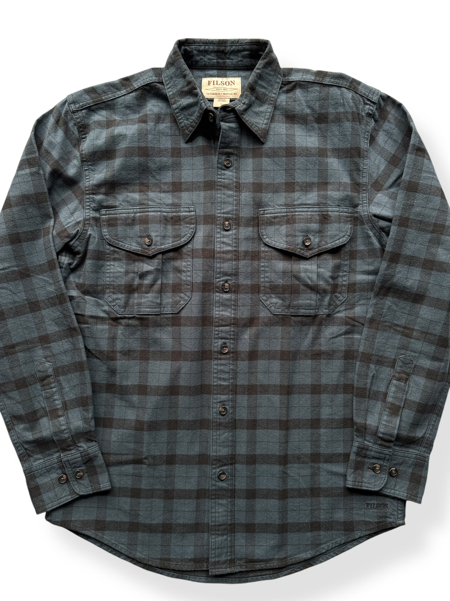 Front Close Up of NOS Filson Midnight Black Alaskan Guide Shirt SZ S