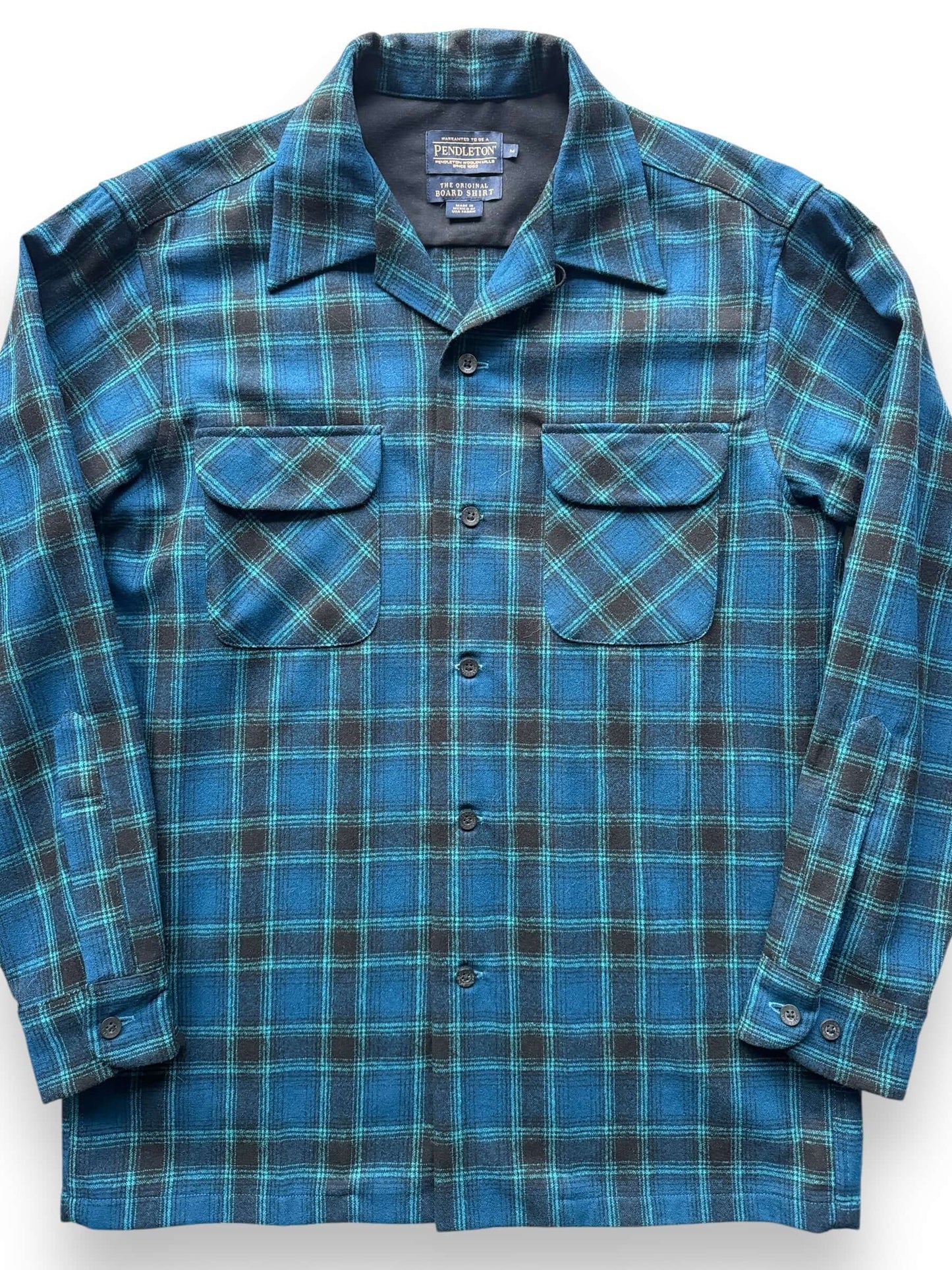 Front Close Up of Pendleton Blue Plaid Board Shirt SZ M