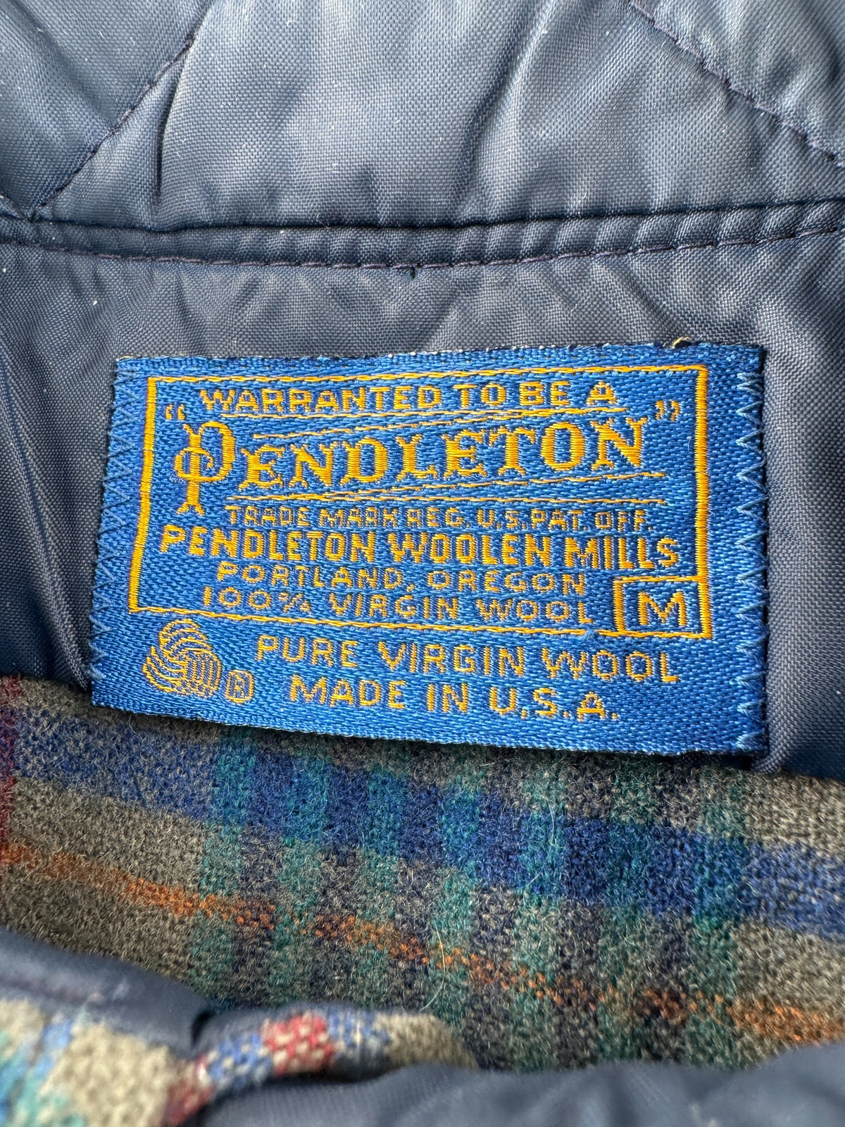 Label on Vintage Pendleton Blue Plaid Flannel SZ M