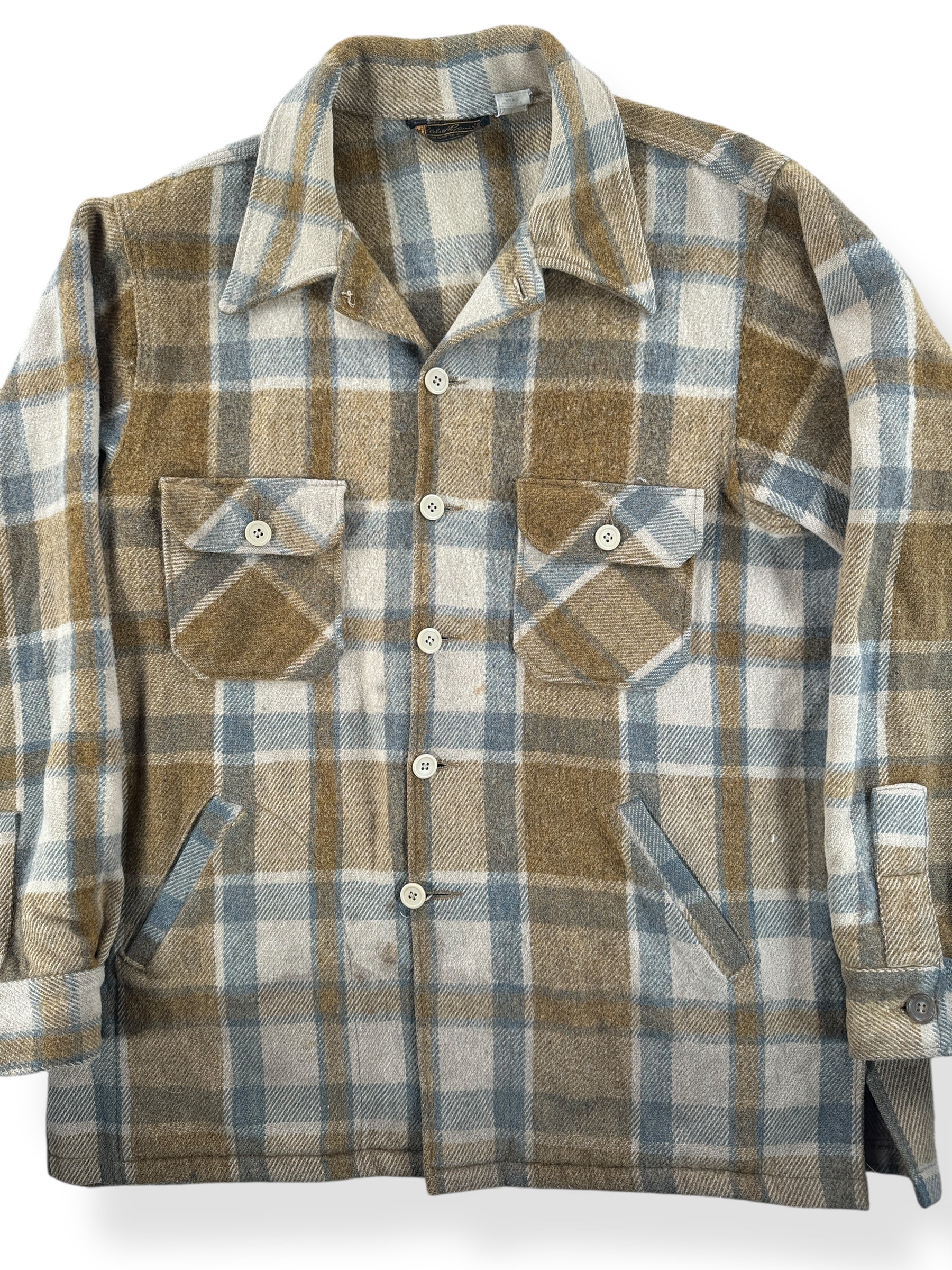 Front Close Up of Vintage 80s Eddie Bauer Wool Flannel Jacket SZ XL