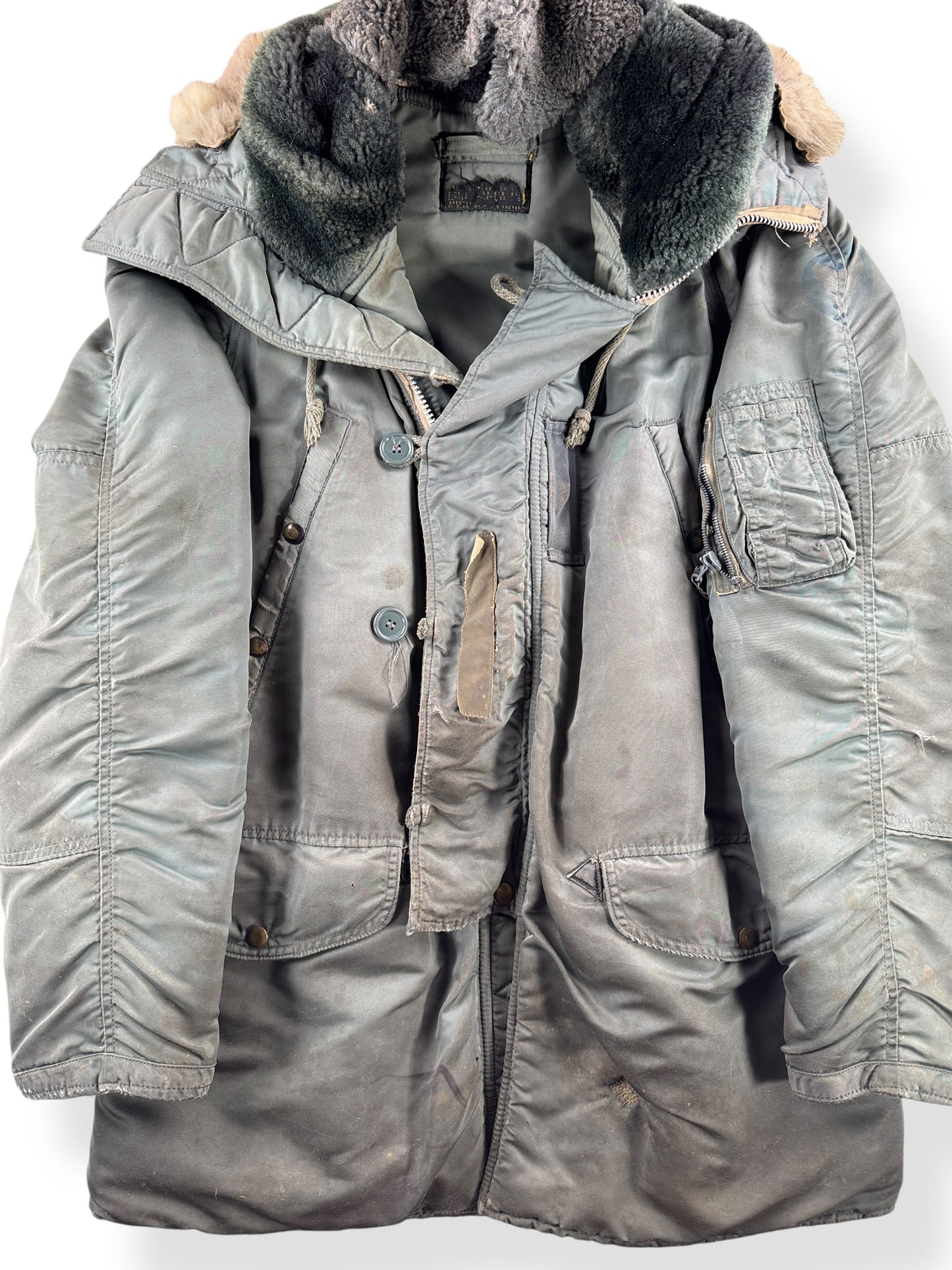 Front Close Up of Vintage Thrashed N-3B Snorkel Parka SZ L AS IS