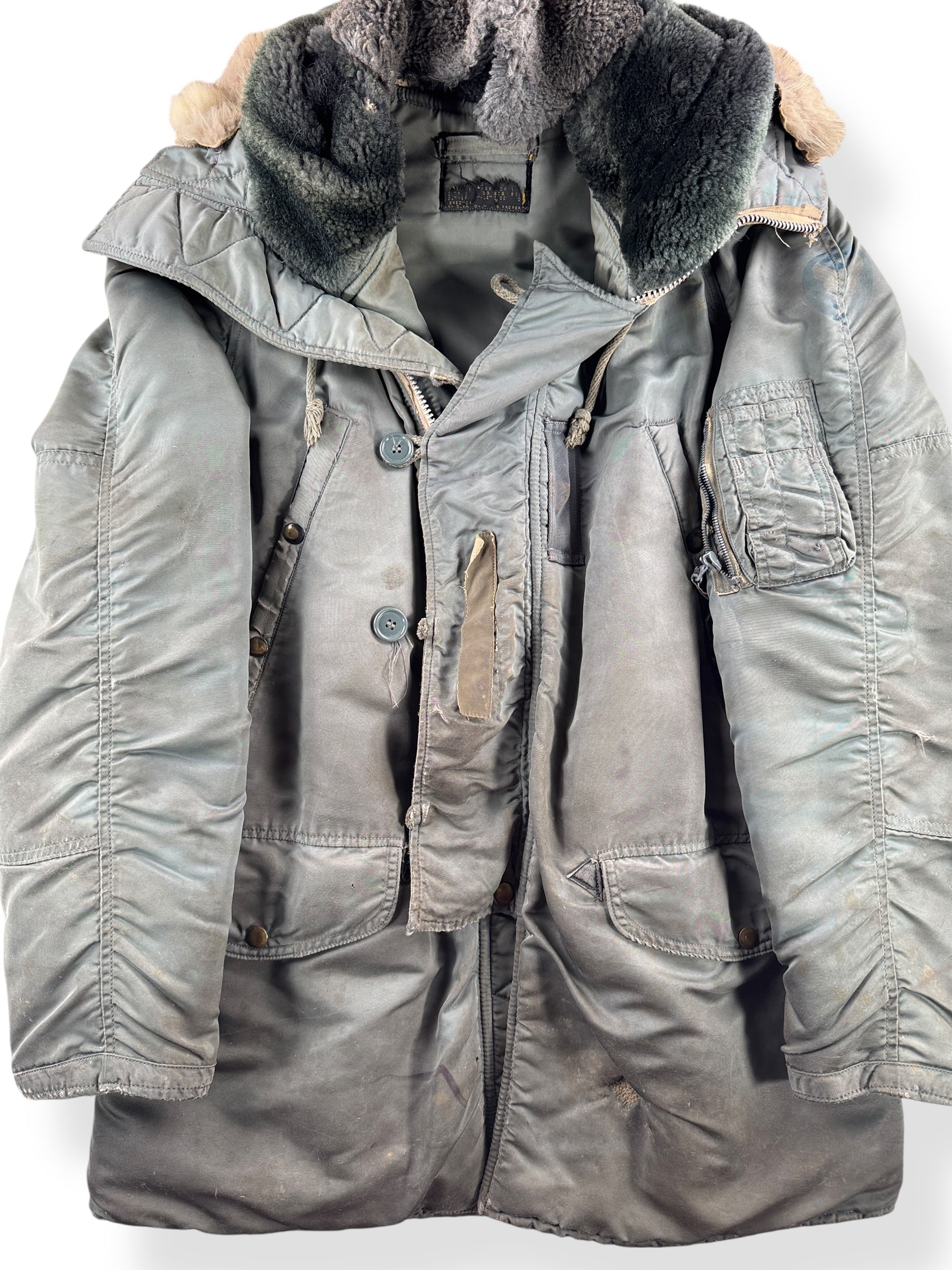 Front Close Up of Vintage Thrashed N-3B Snorkel Parka SZ L AS IS