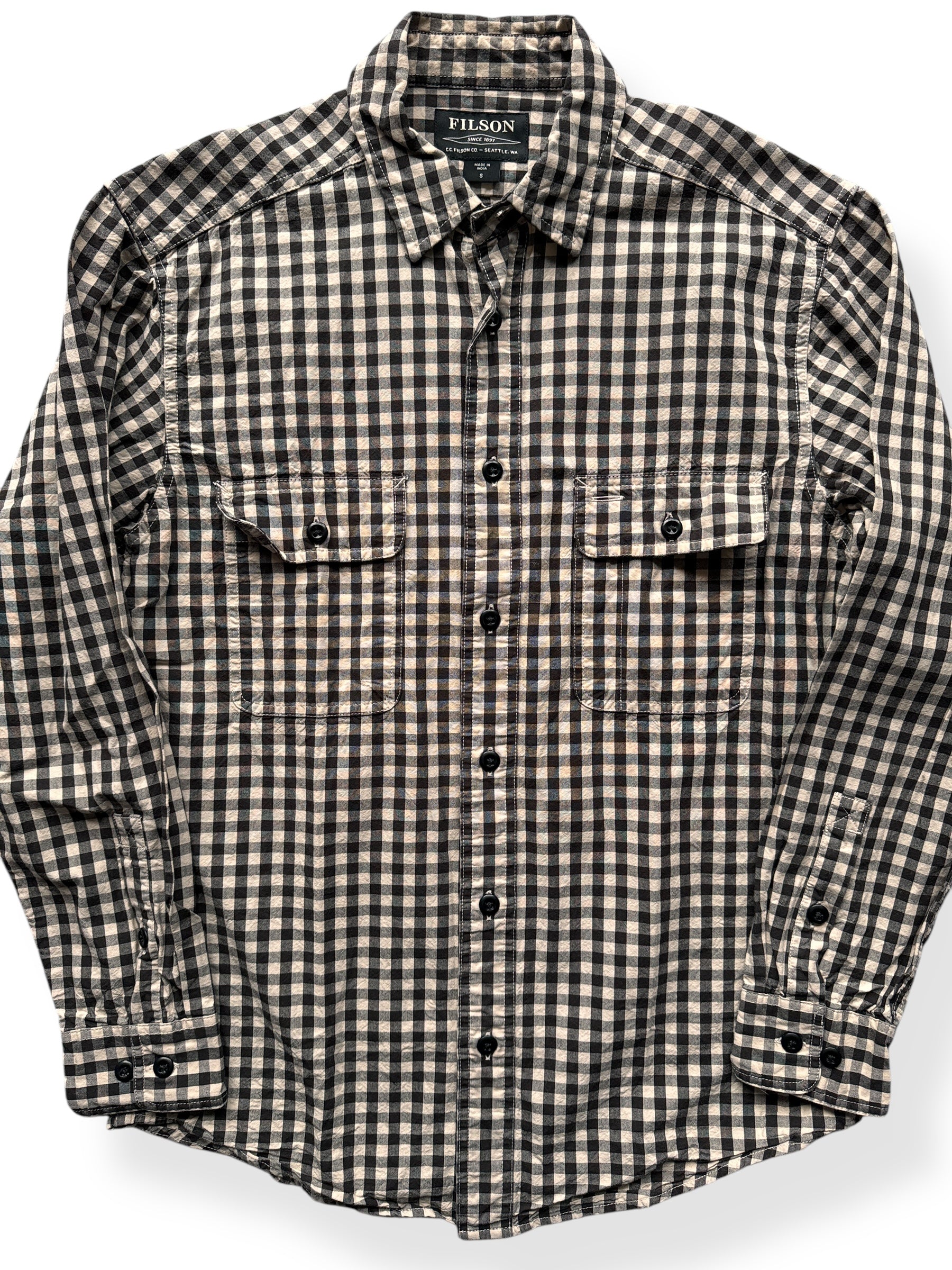 Front Close Up of Filson Black Tan Gingham Shirt SZ S