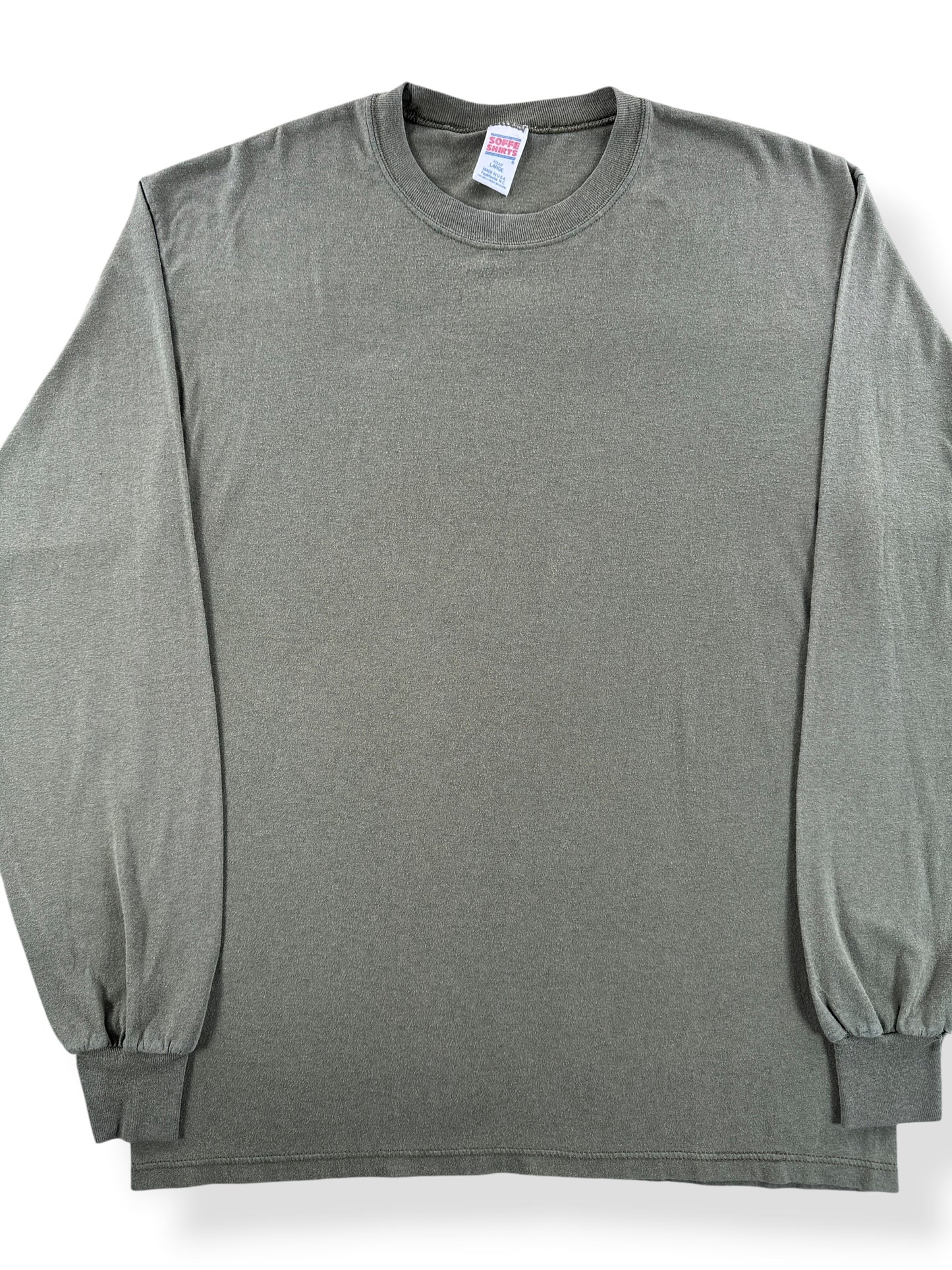 Front Close Up of Vintage Soffe Olive Green LS Tee SZ L