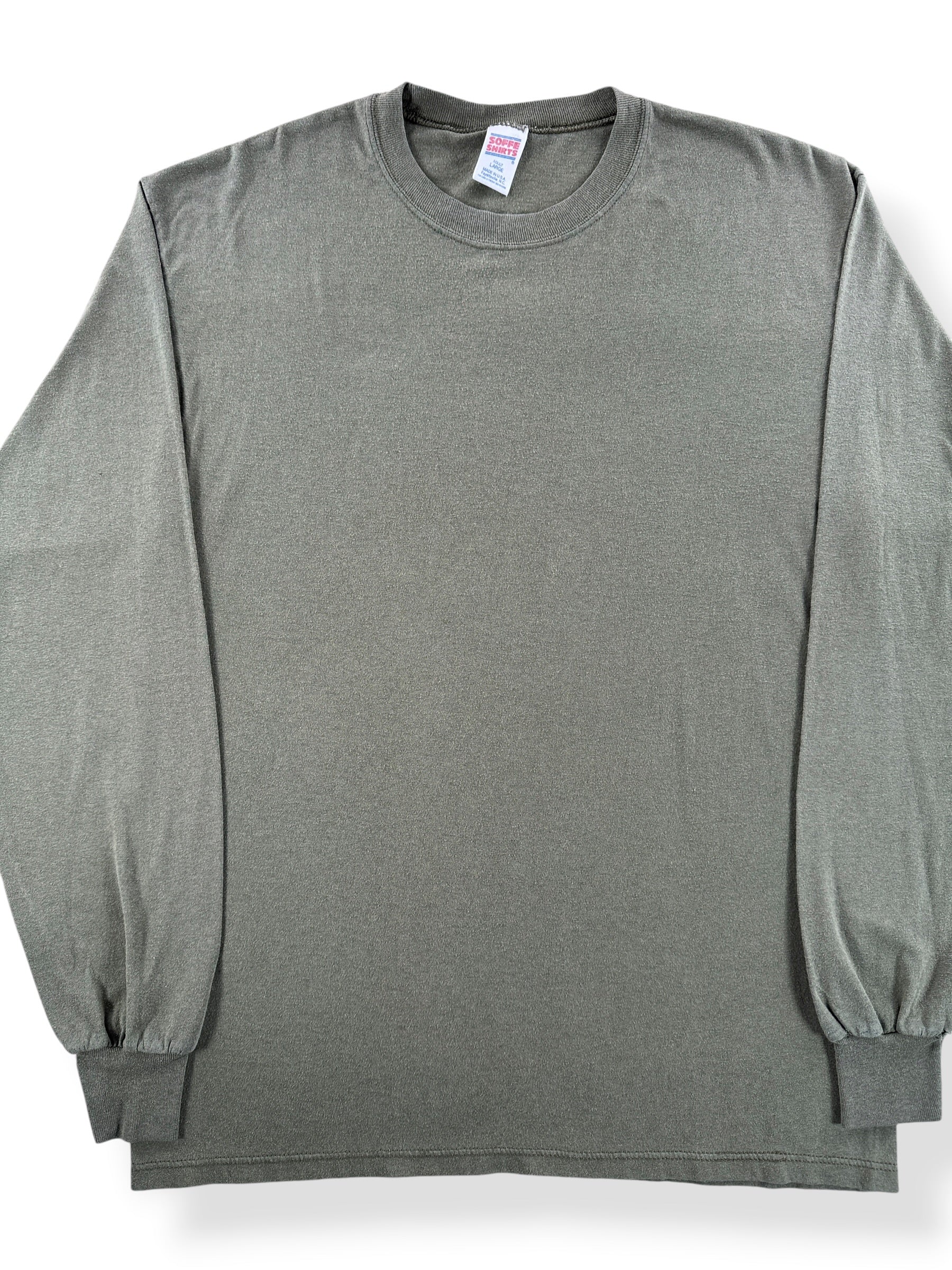 Front Close Up of Vintage Soffe Olive Green LS Tee SZ L