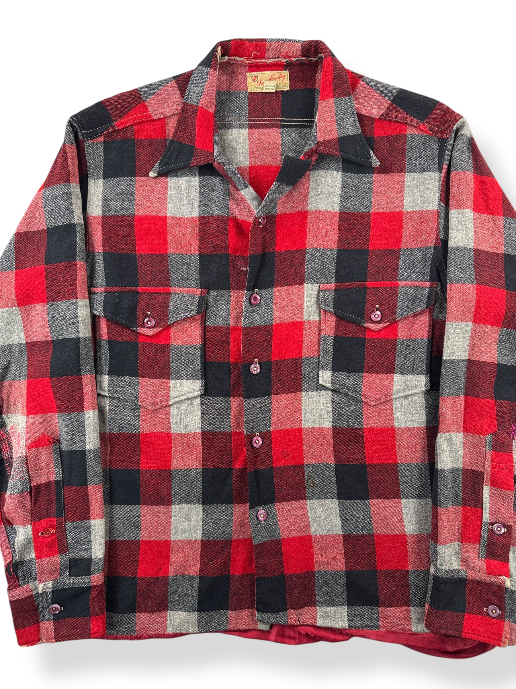 Front Close Up of Vintage Town & Country All Wool Button Up Flannel SZ M