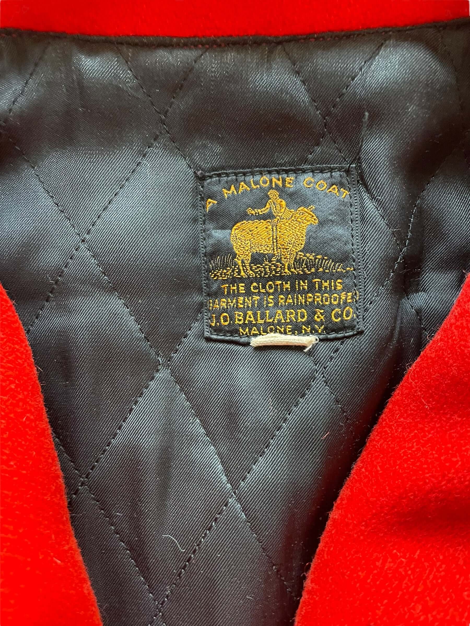 Tag view of 1940s J.O. Ballard & CO Red Wool Hunting Jacket