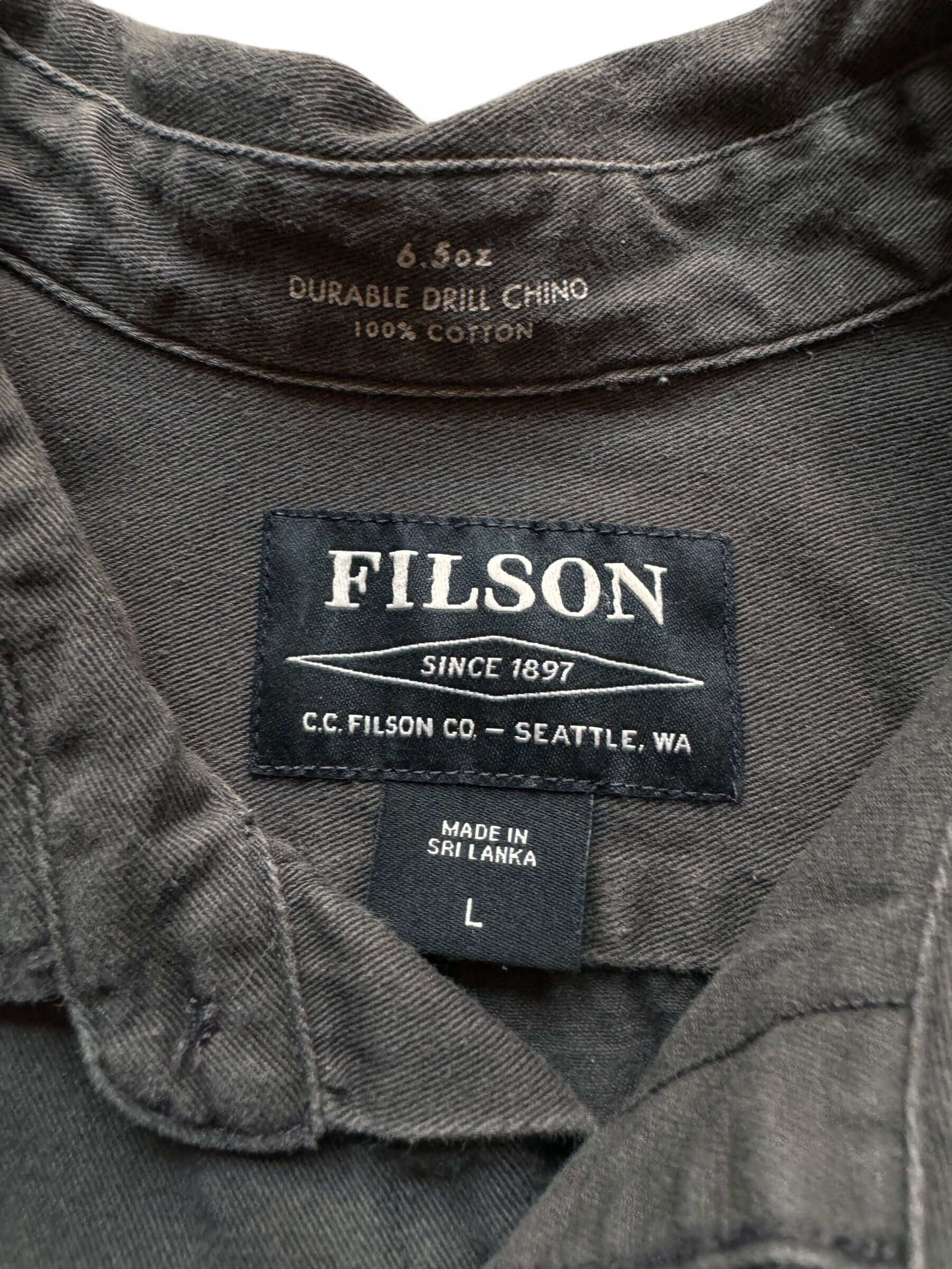 Tag View of Filson Durable Drill Chino Shirt SZ L