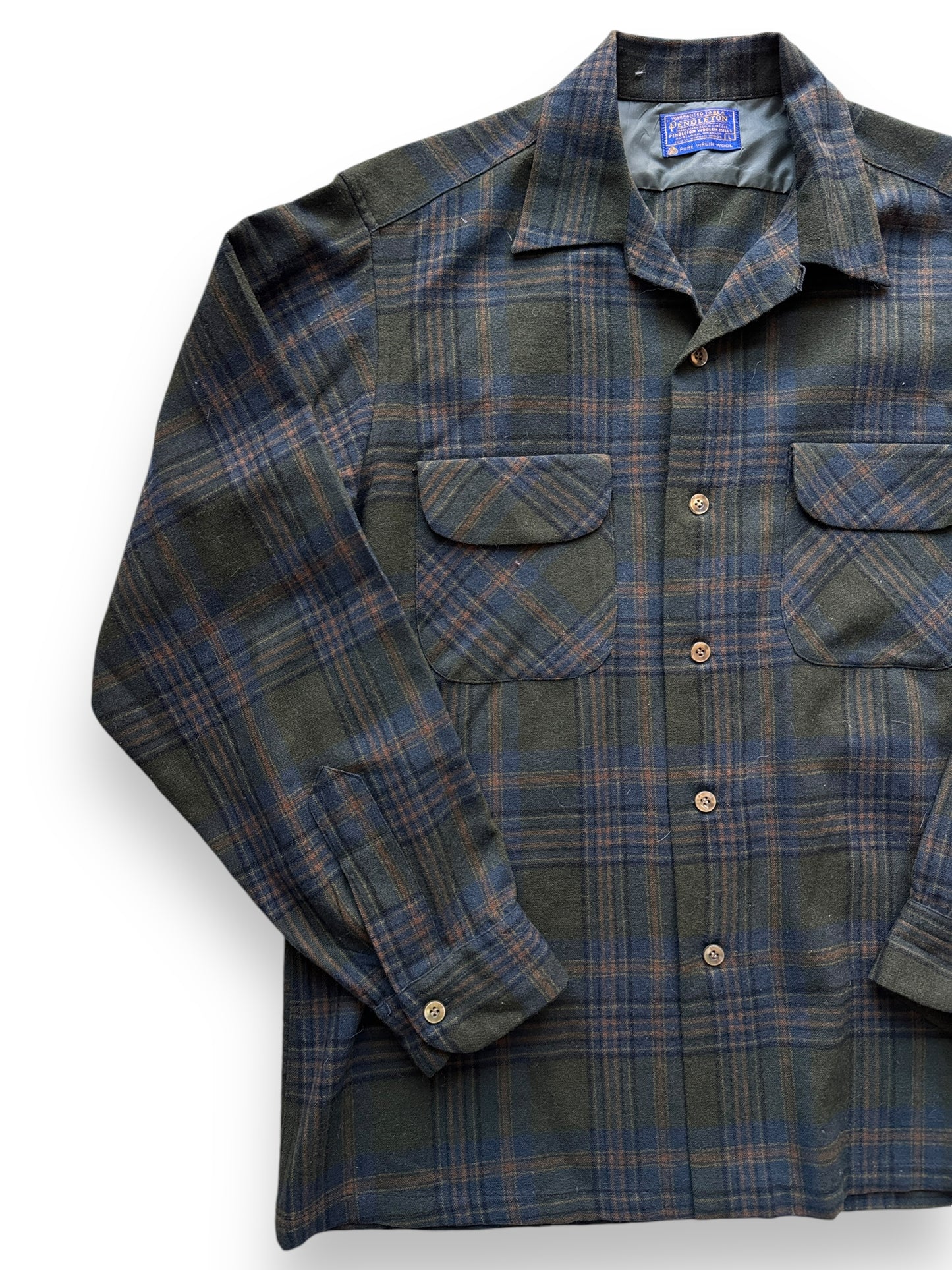 front right of Vintage Pendleton Olive/Blue/Brown Board Shirt SZ L