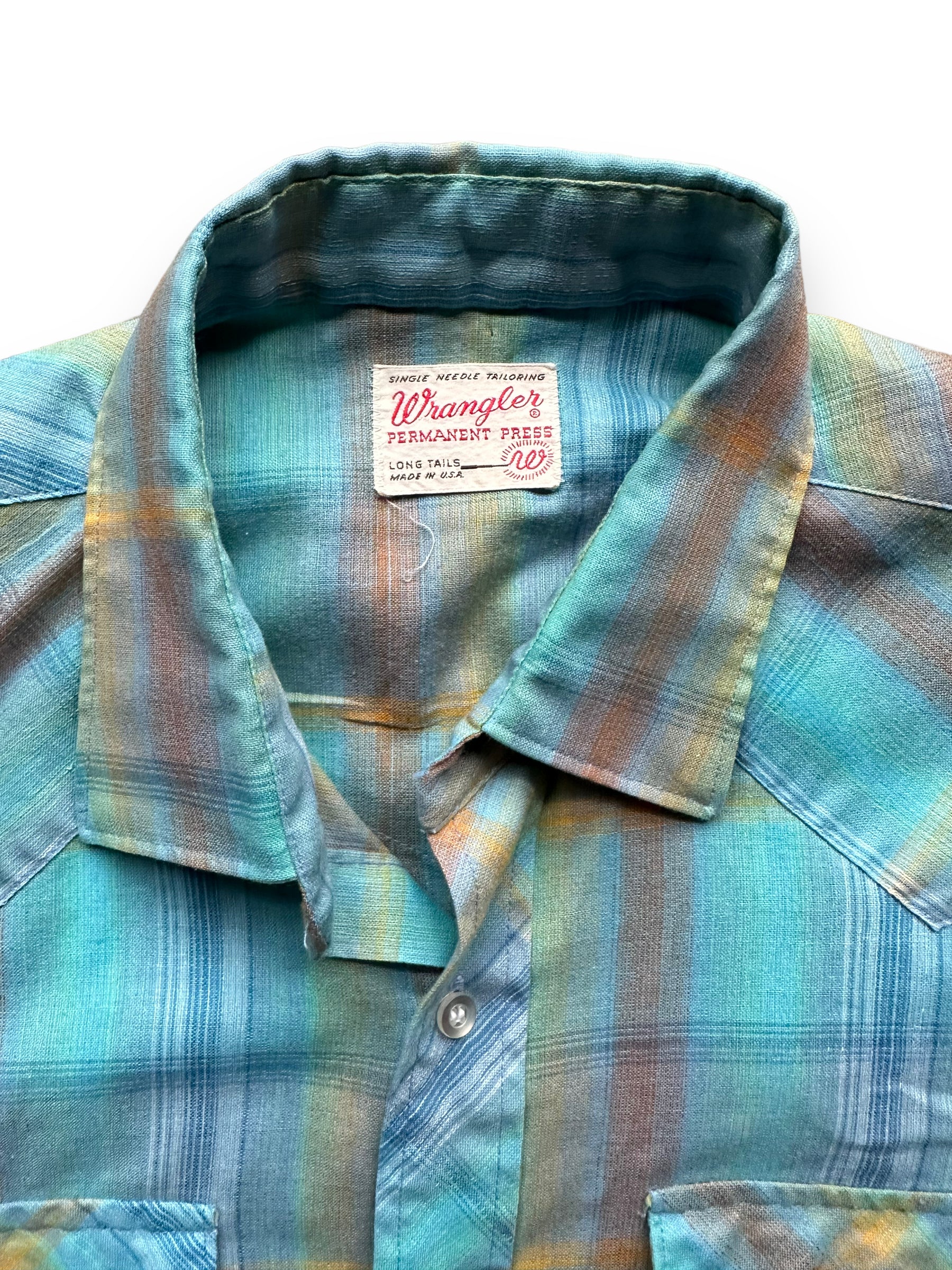 Tag View of Vintage Wrangler Short Sleeve Western Shirt SZ L | Vintage Pearl Snap Shirt Seattle | Barn Owl Vintage Seattle