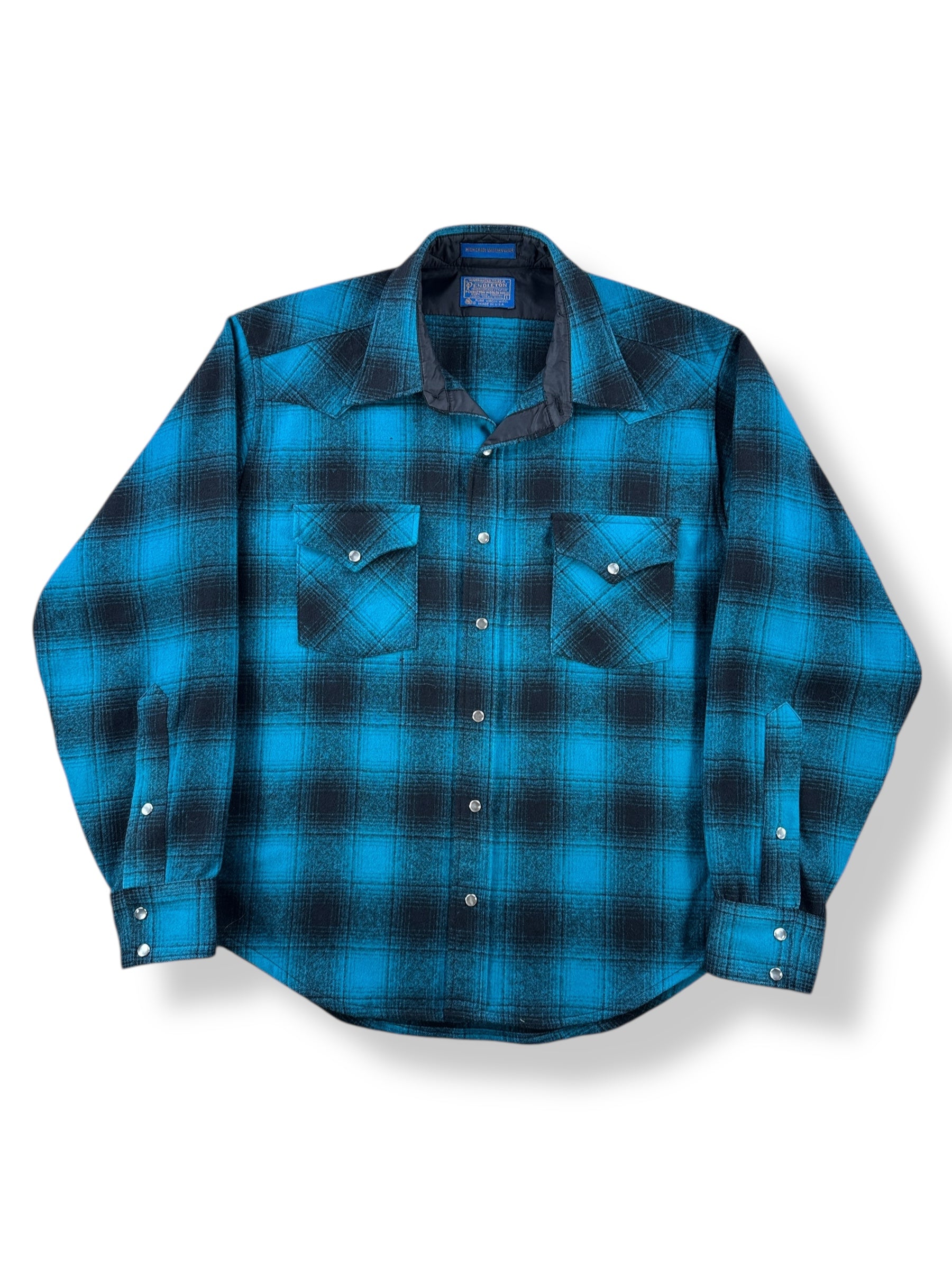 Front of Vintage Pendleton Turquoise Shadow plaid Pearlsnap Flannel SZ L