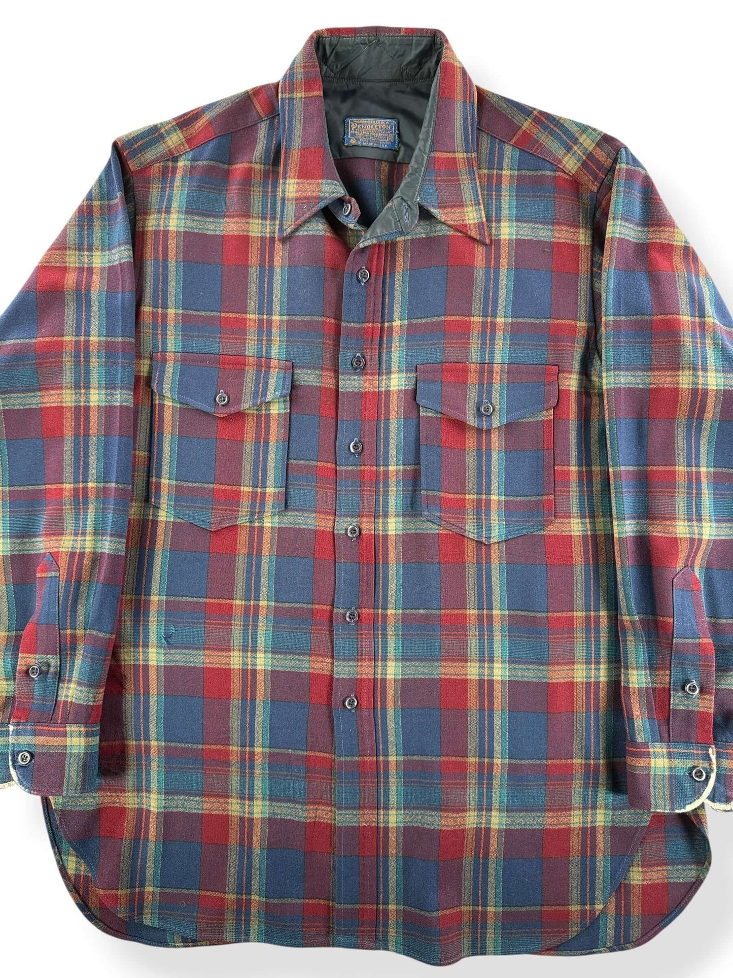 Front Close Up of Vintage Pendleton Navy & Maroon Flannel SZ XL - AS IS