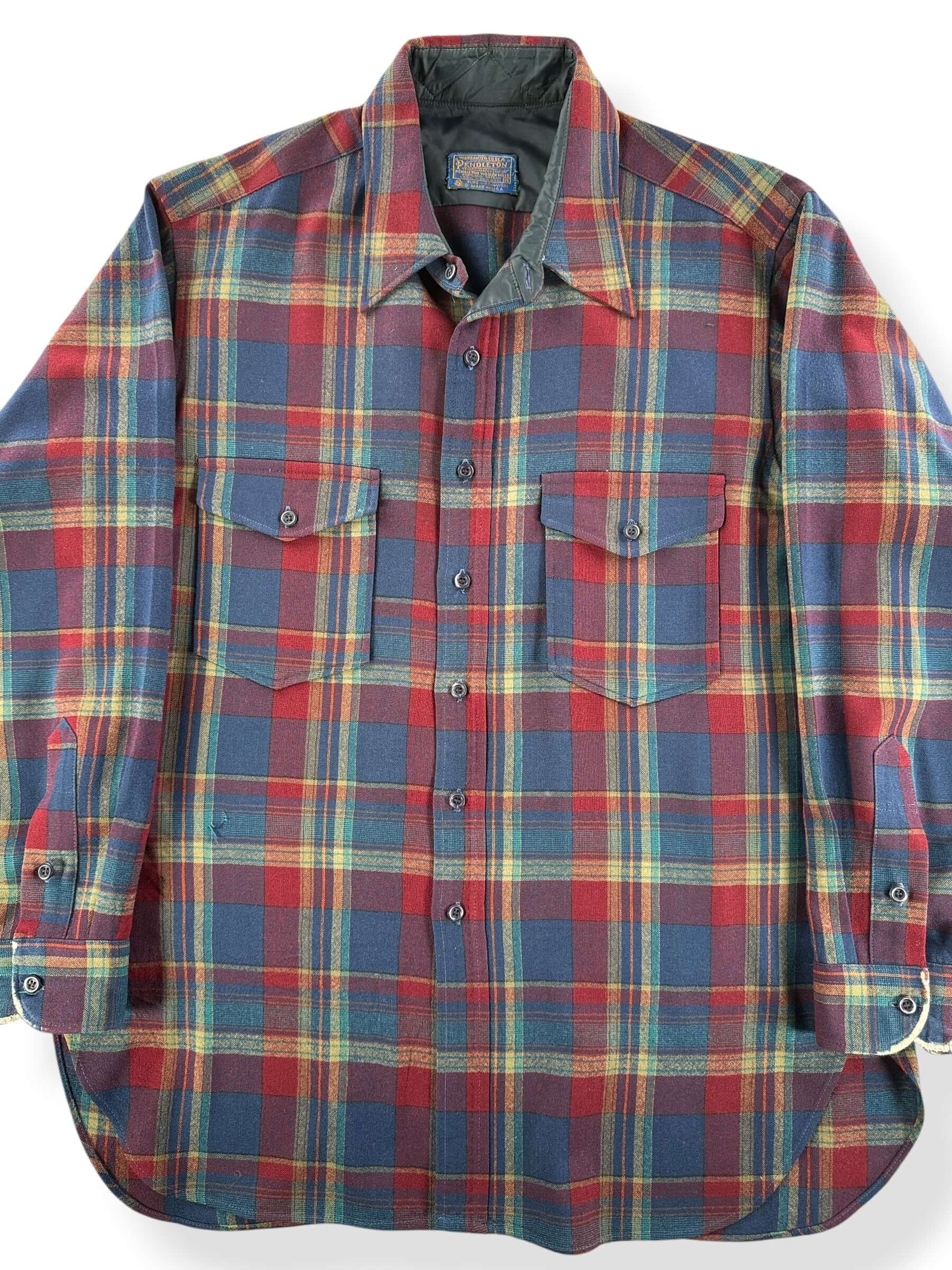 Front Close Up of Vintage Pendleton Navy & Maroon Flannel SZ XL - AS IS