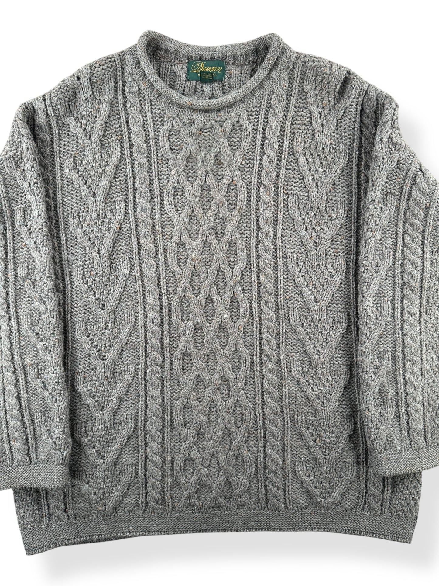 Front Close Up of Vintage Doogan Grey Irish Wool Fishermans Sweater SZ XL