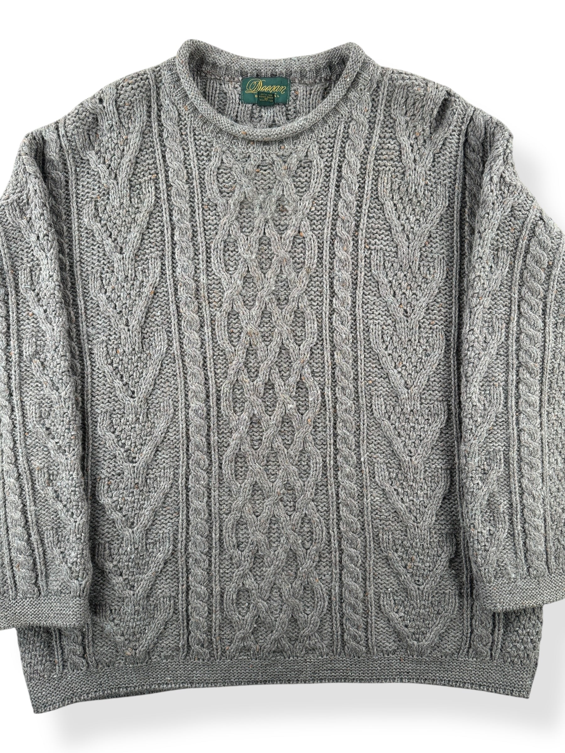 Front Close Up of Vintage Doogan Grey Irish Wool Fishermans Sweater SZ XL