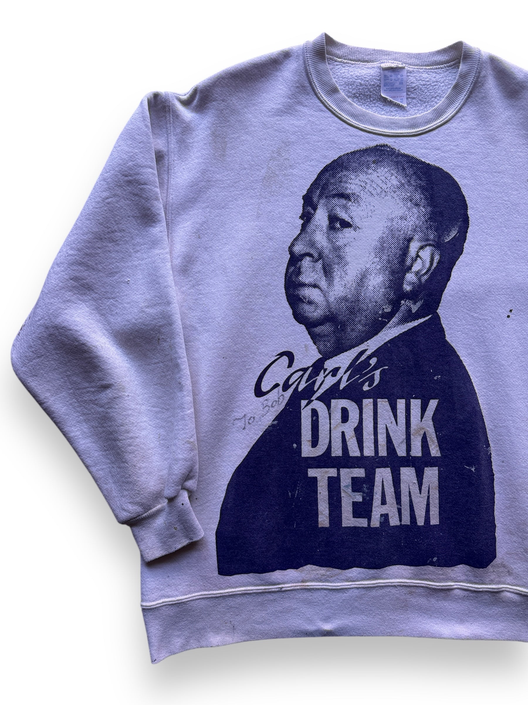 front right of Vintage Distressed Carl's Drink Team Hitchcock Crewneck SZ XL