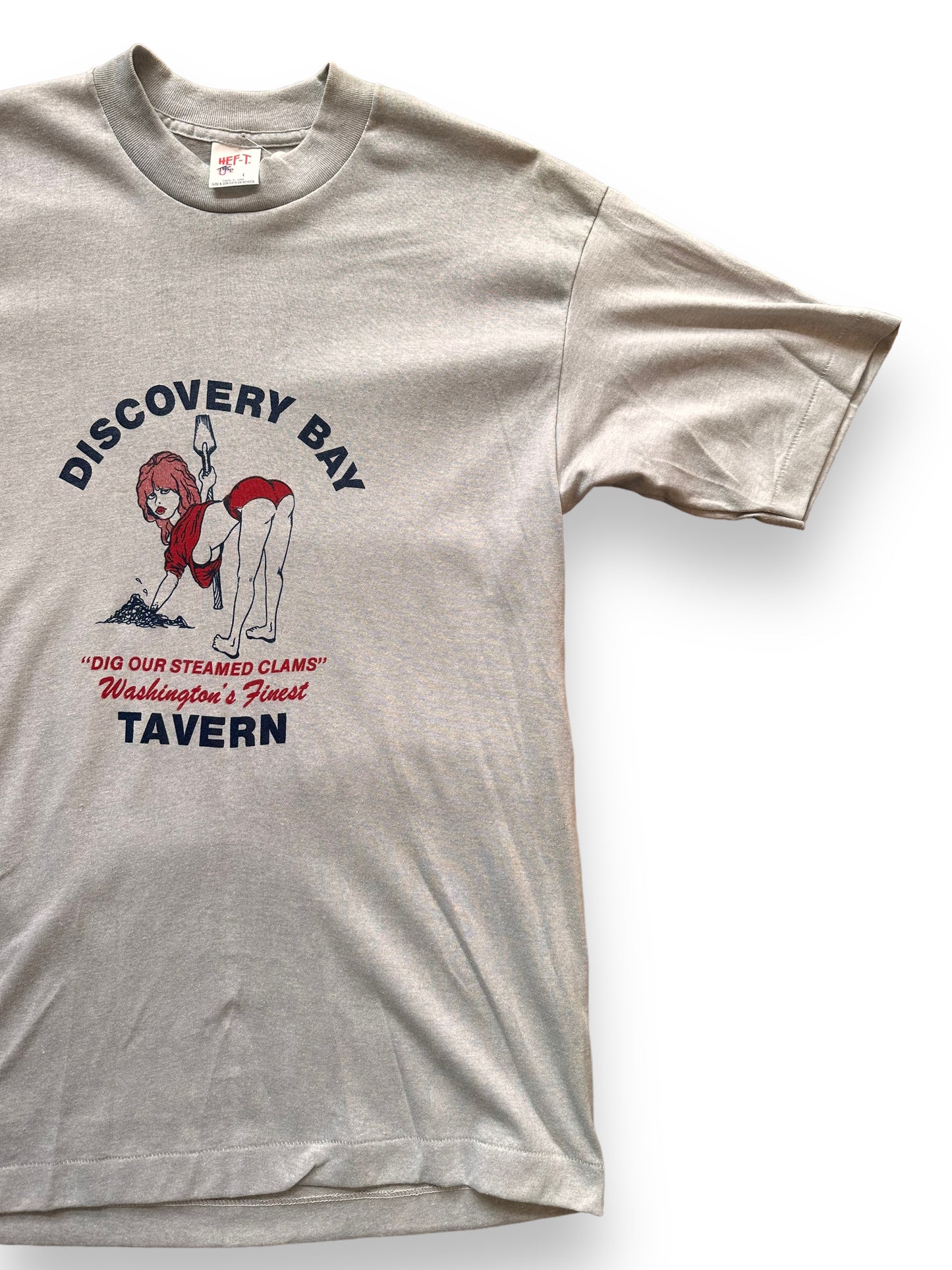 Front Left View of Vintage Discovery Bay Tavern Tee SZ S |  Vintage Port Townsend Steamed Clam Tee | Vintage Clothing Seattle