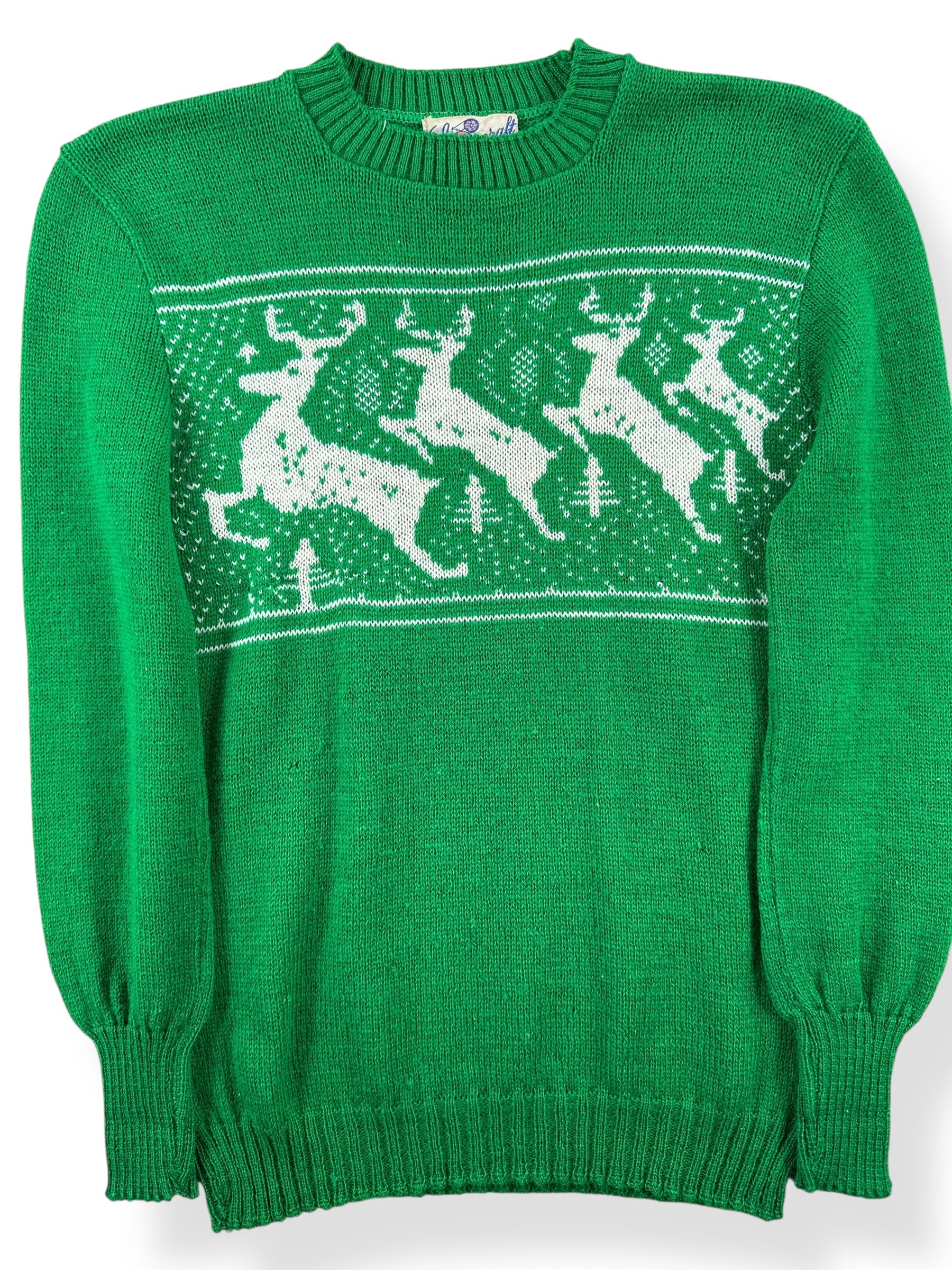 Front Close Up of Vintage Spuncraft Green Wool Reindeer Ski Sweater SZ XXS