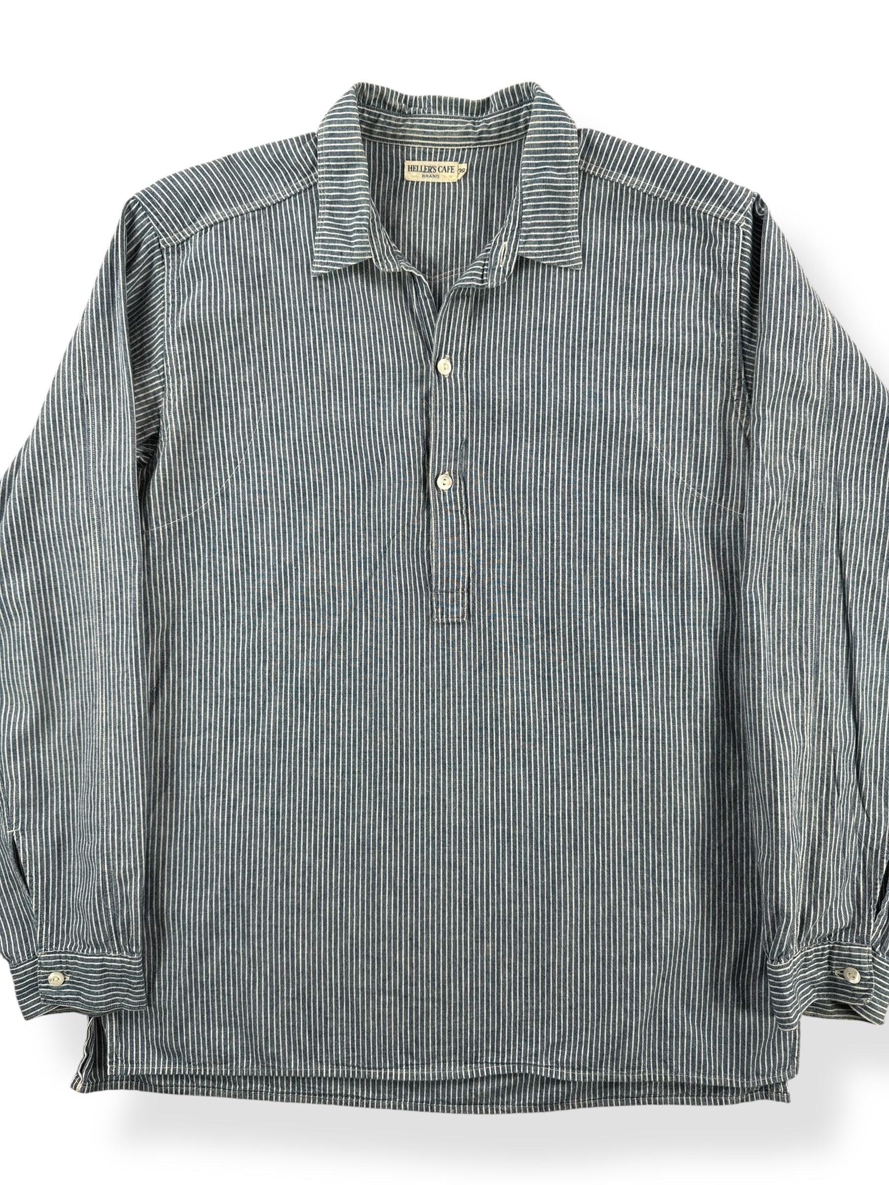 Front Close Up of Repro Heller's Cafe Hickory Stripe Pullover Shirt SZ 38