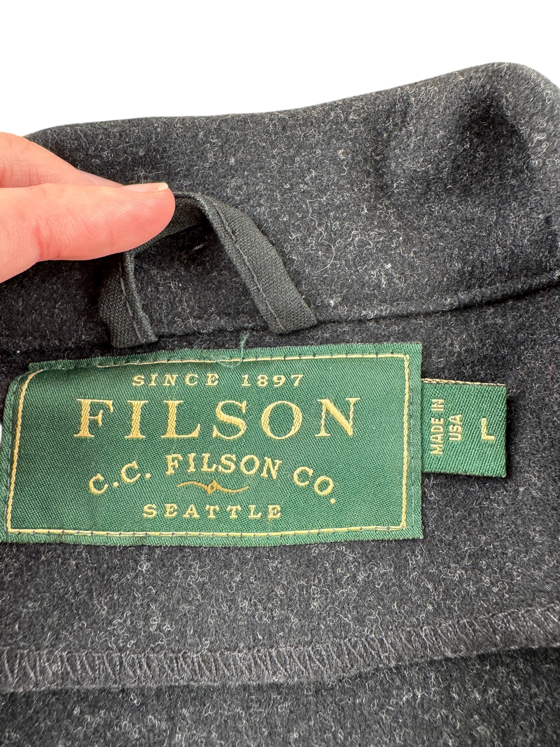 Label on Filson Green Label Mackinaw Wool Coat SZ L