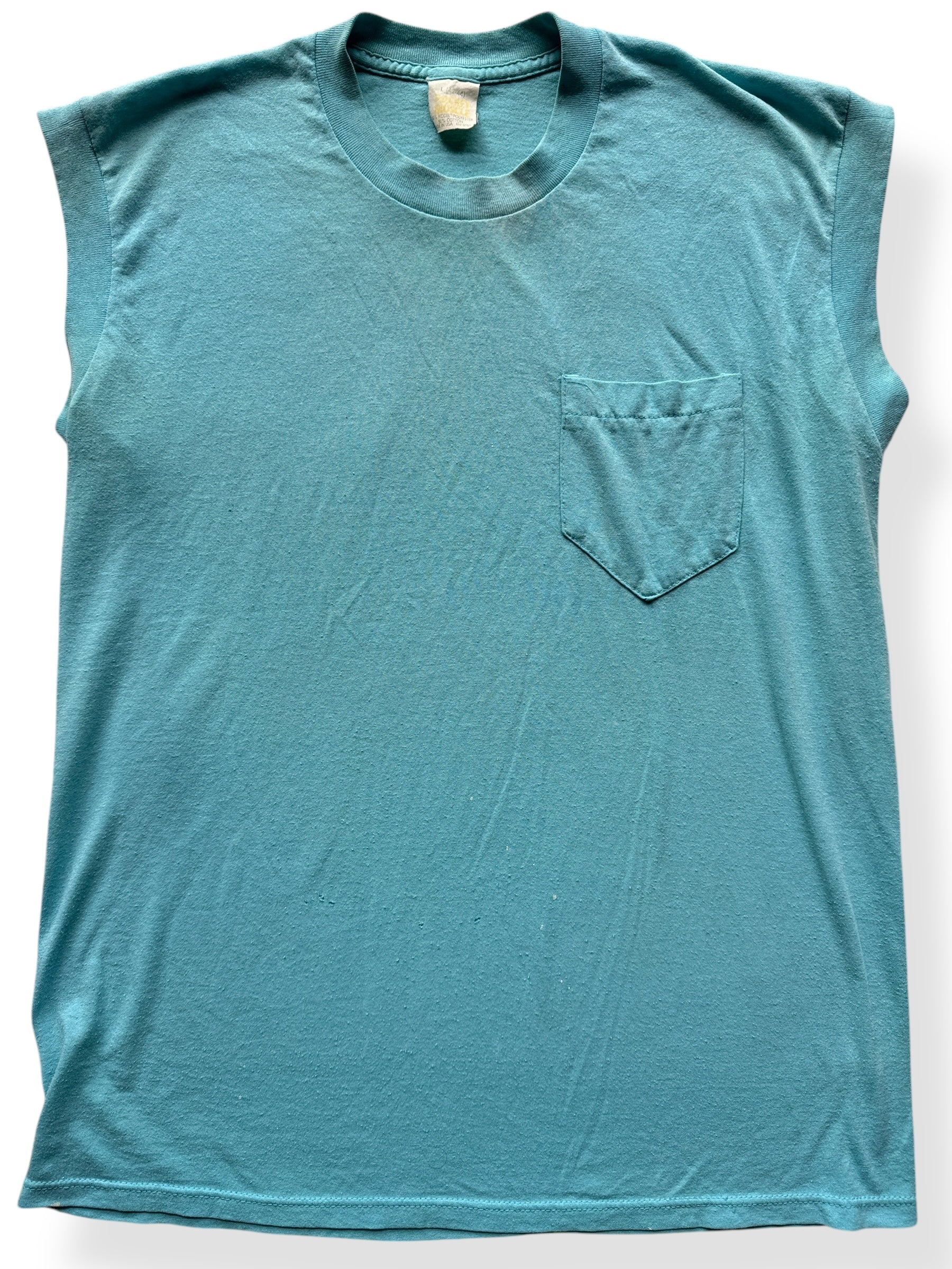 Front Close Up of Vintage Teal Sleeveless Pocket Tee SZ L