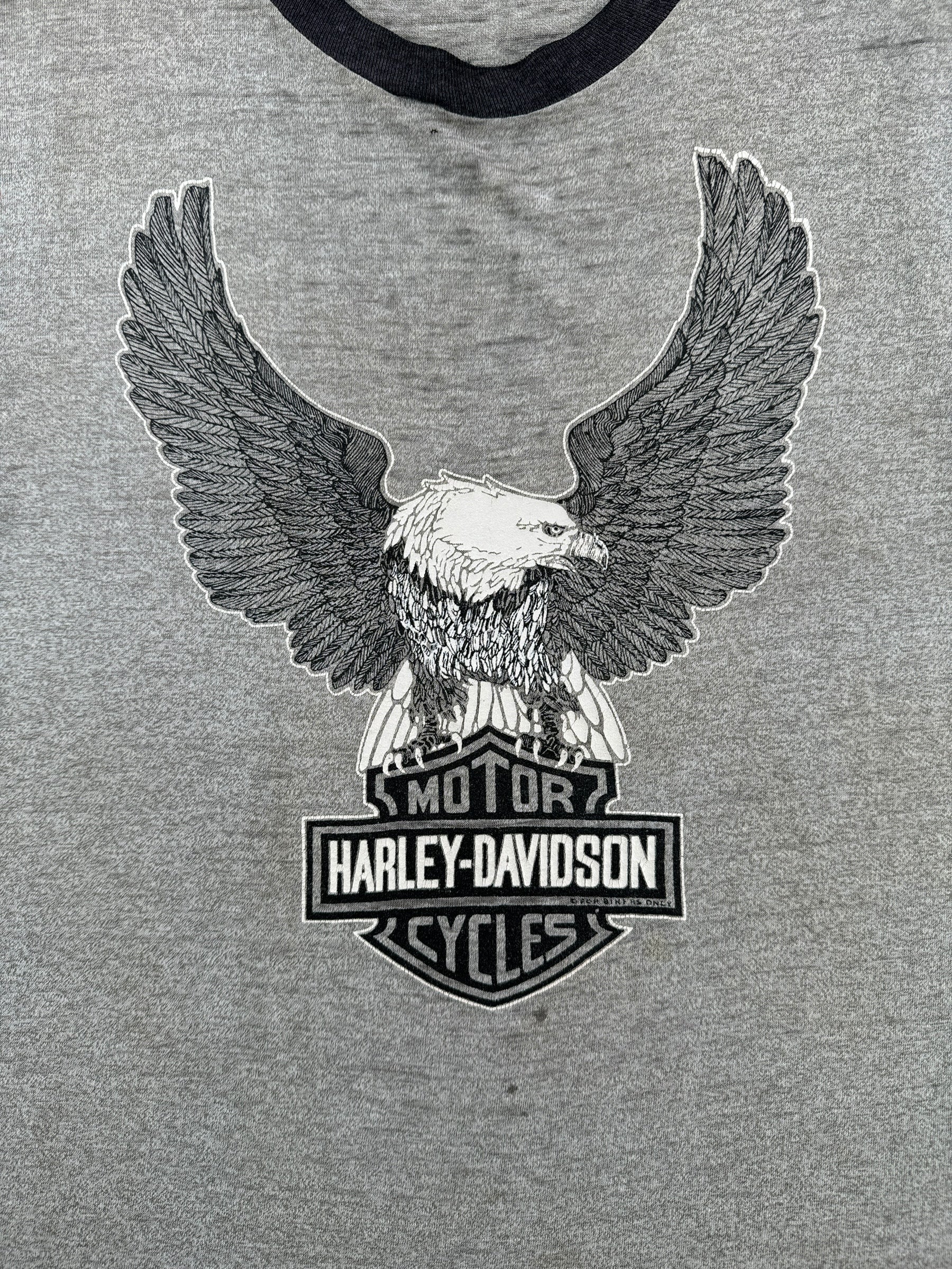 Front Graphic of Vintage Harley Davidson Blaine MN Ringer Tee SZ S