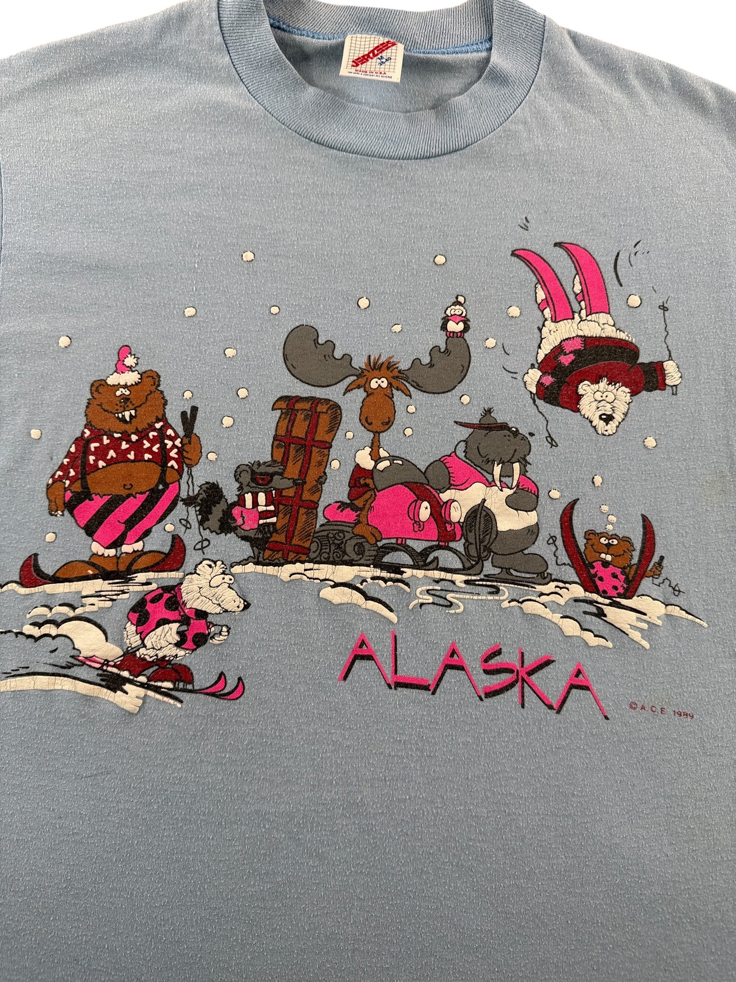 Graphic of Vintage Alaska Animal Skiing Tee SZ M (Fits S)