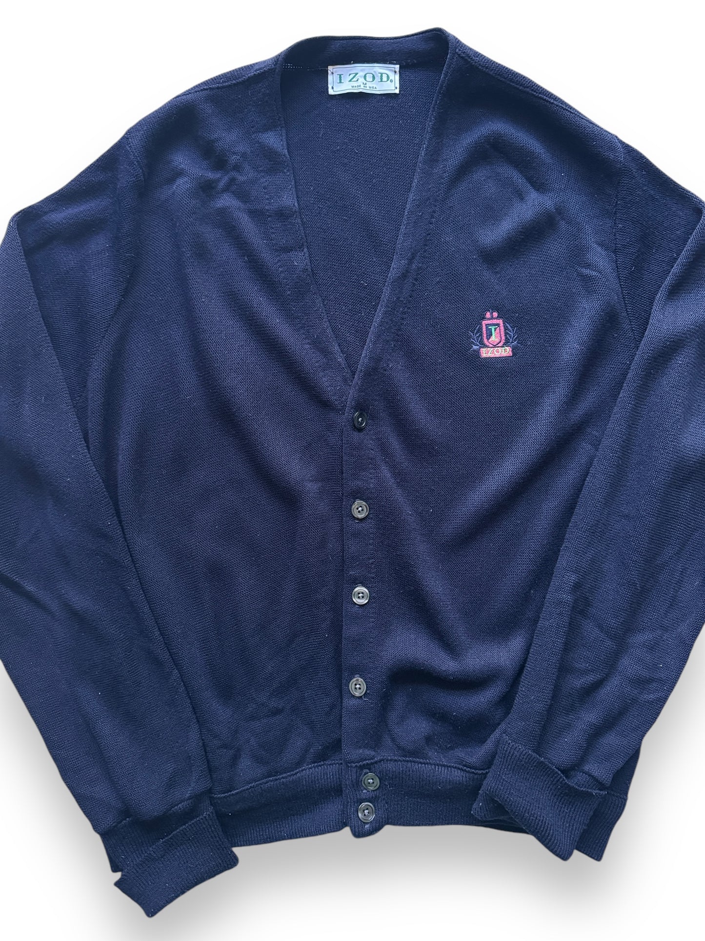 front close up of Vintage IZOD Navy Cardigan Sweater SZ M