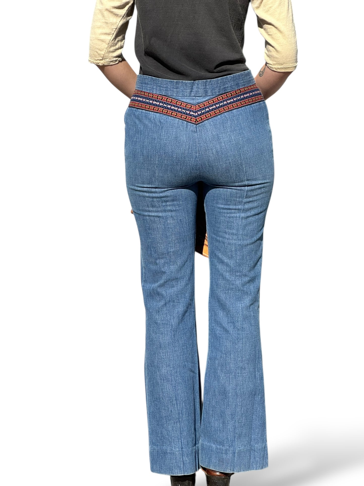 Back on Body of Vintage Homemade Denim Bell Bottom Jeans W31