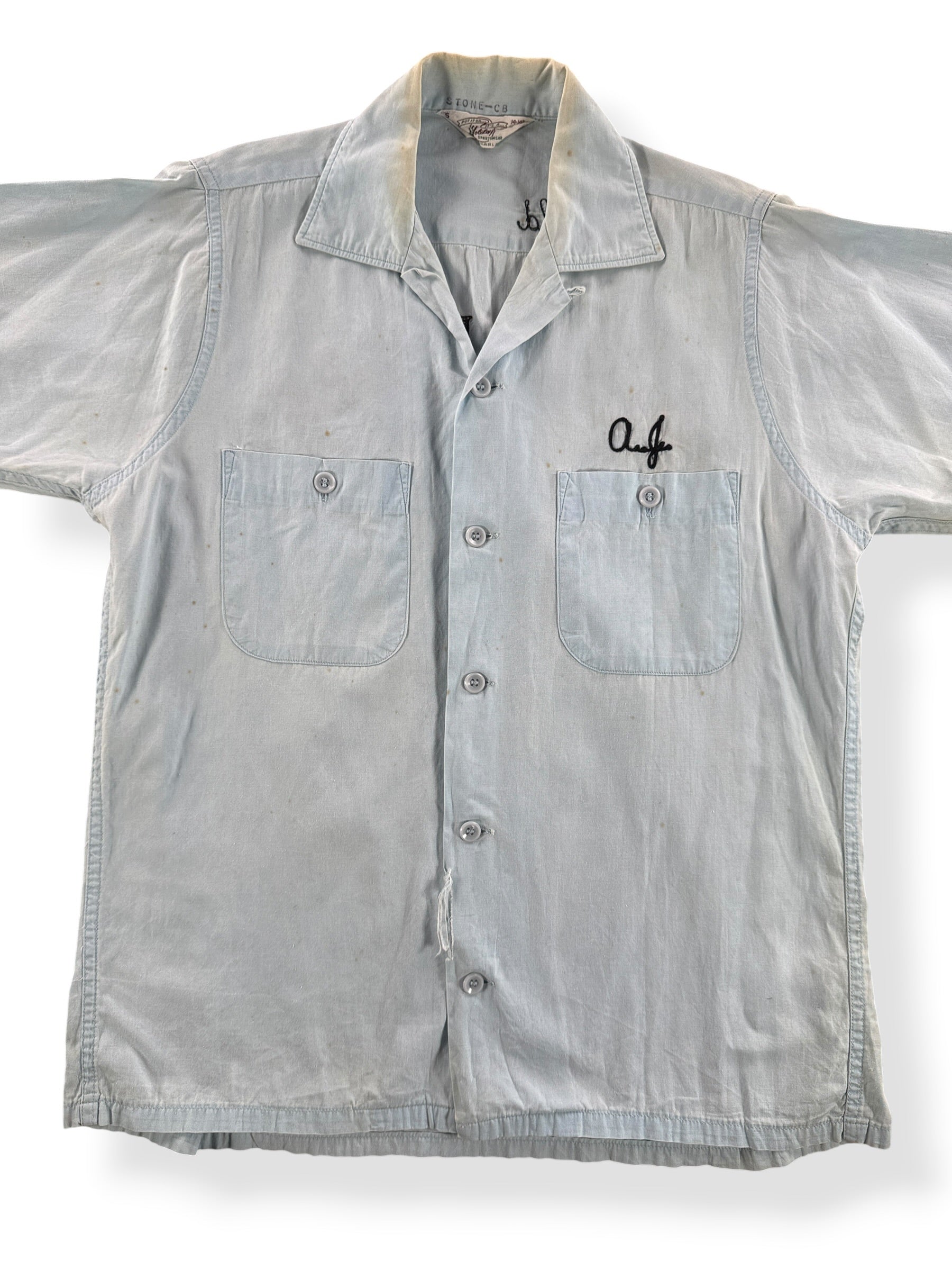 Front Close Up of Vintage Chambray-esque Bowling Shirt SZ S AS IS