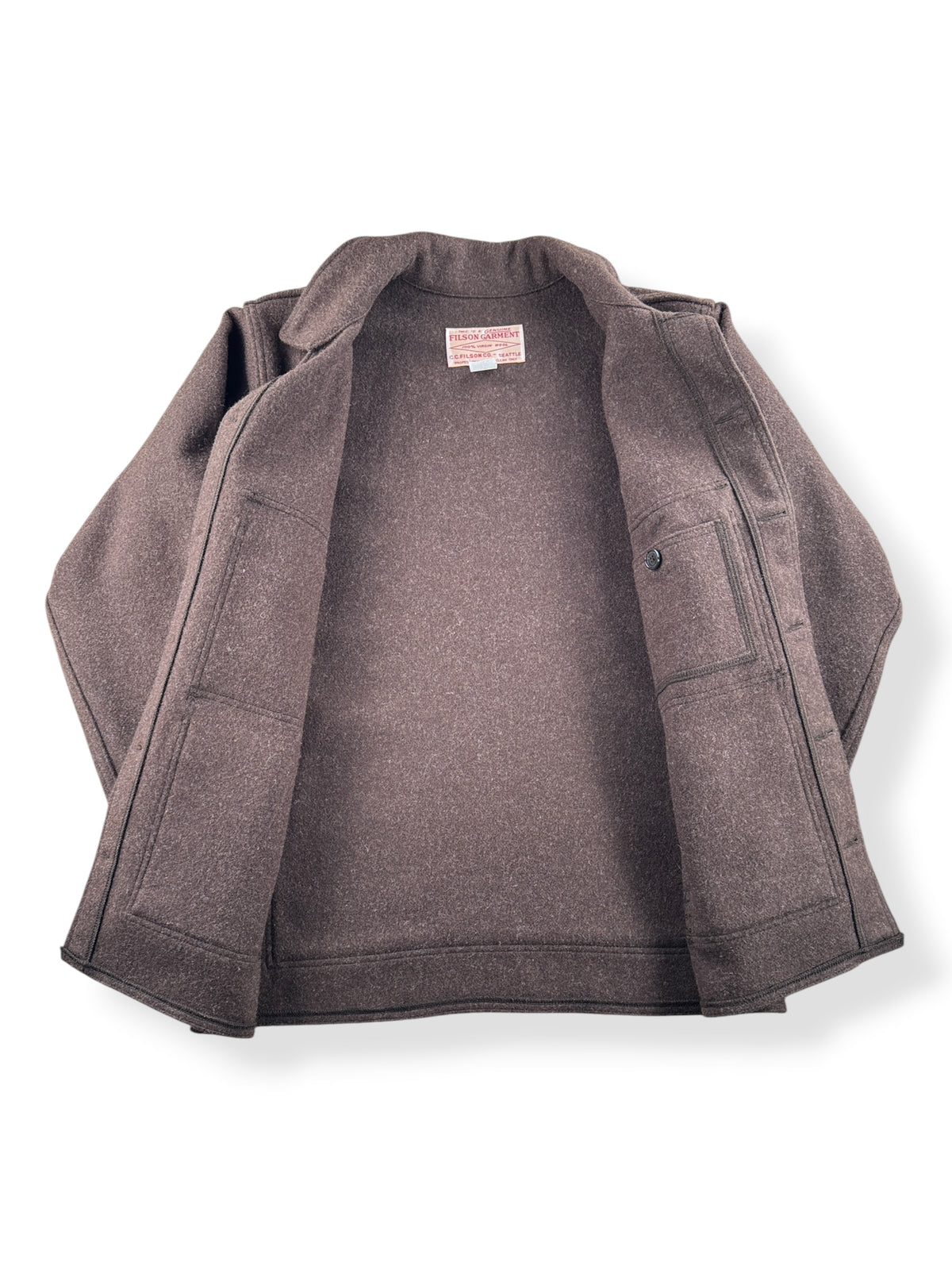 Inside of Filson Mackinaw Brown Wool Cruiser SZ 38