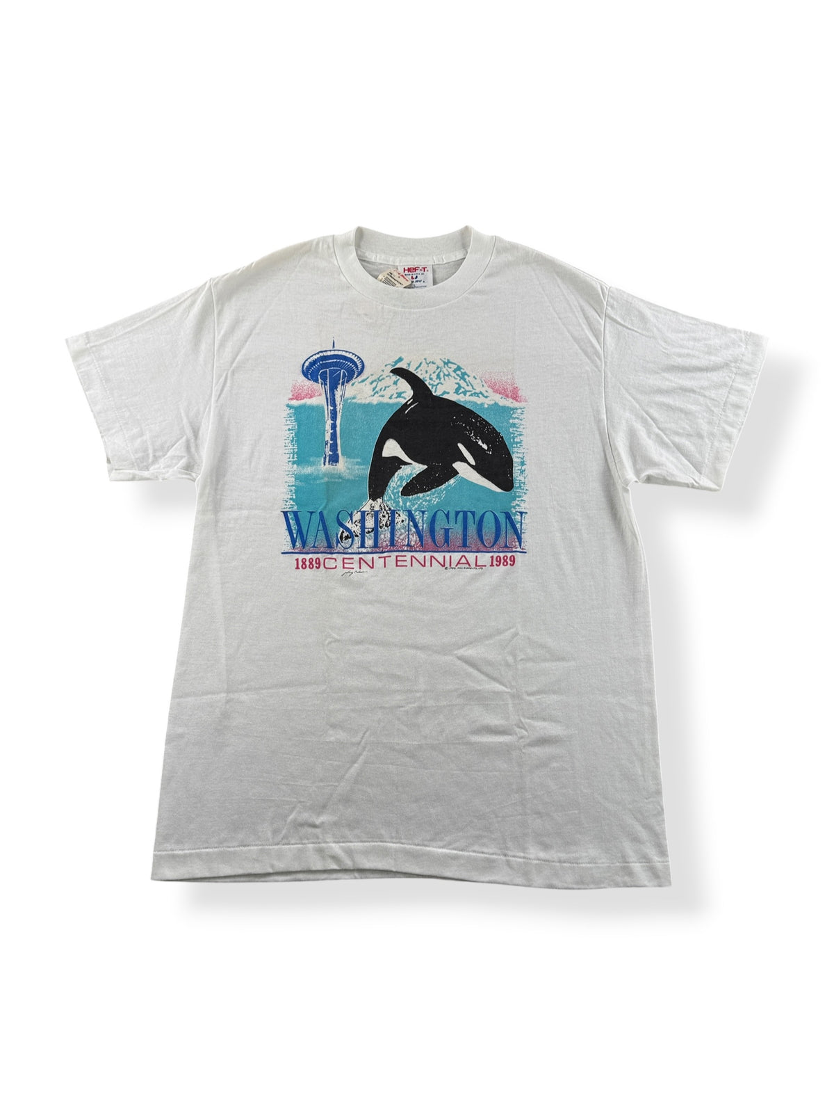 Front of Vintage NOS Seattle Orca Puff Print Tee SZ L