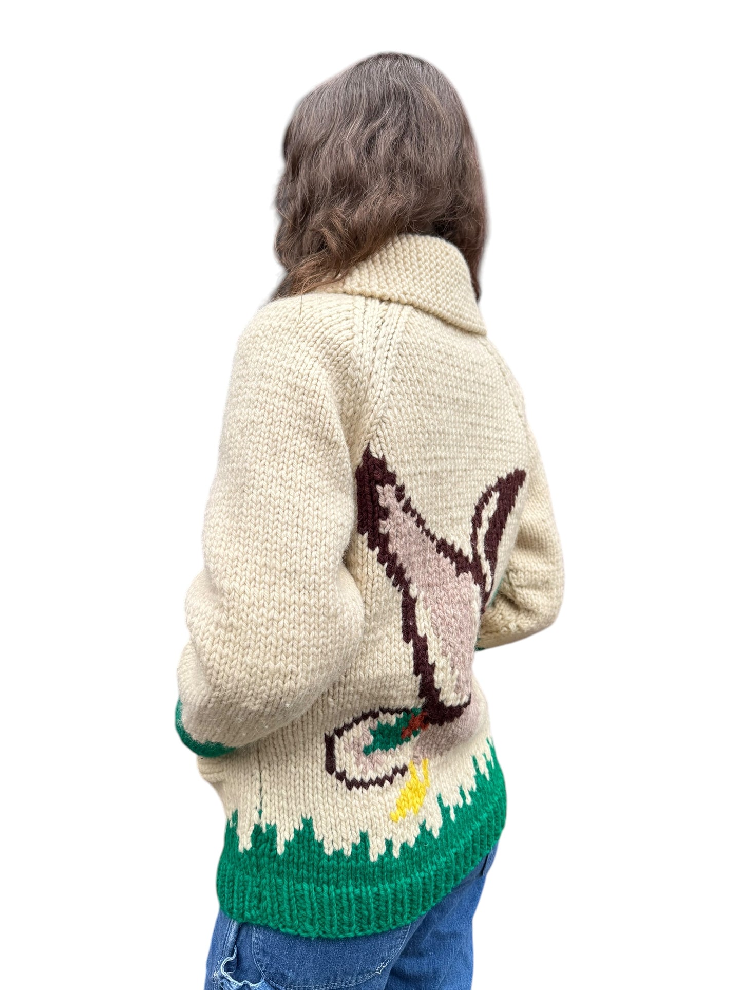 Side model view of Vintage Duck Themed Cowichan Style Sweater SZ M