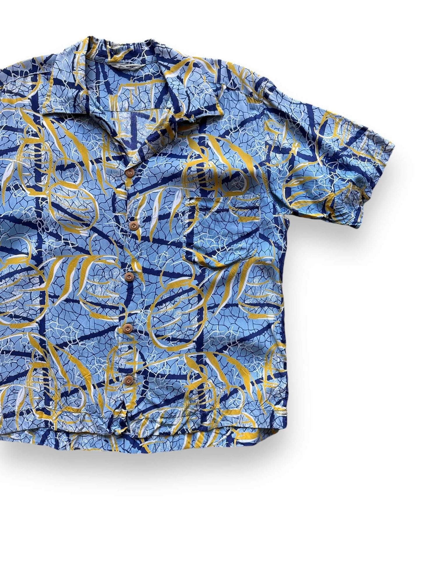 Front Left View of Vintage Blue & Gold Abstract Rayon Aloha Shirt SZ M