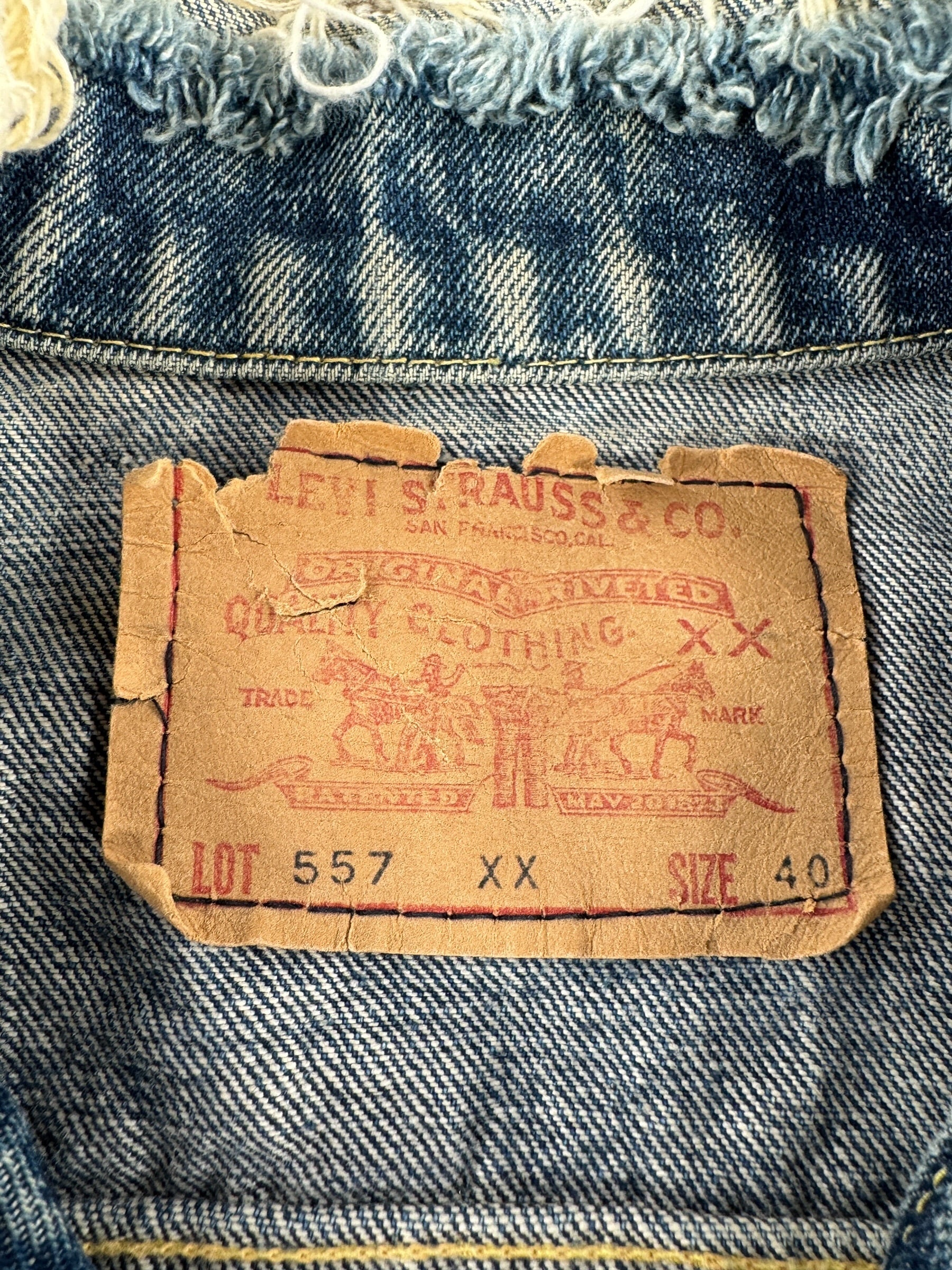 Paper Tab on Vintage 1960s Era Levis Big E 557 Trucker Jacket SZ 40