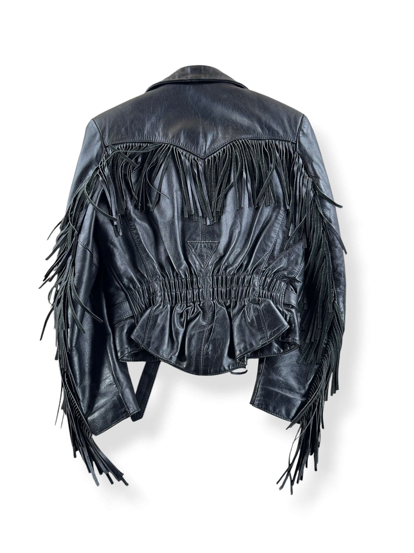 Back of Vintage Ladies Fringe Leather Riders Jacket SZ 5/6