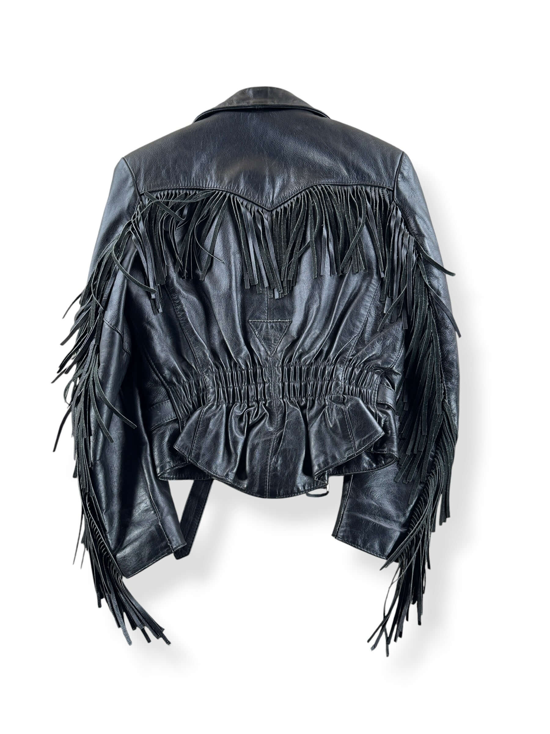 Back of Vintage Ladies Fringe Leather Riders Jacket SZ 5/6