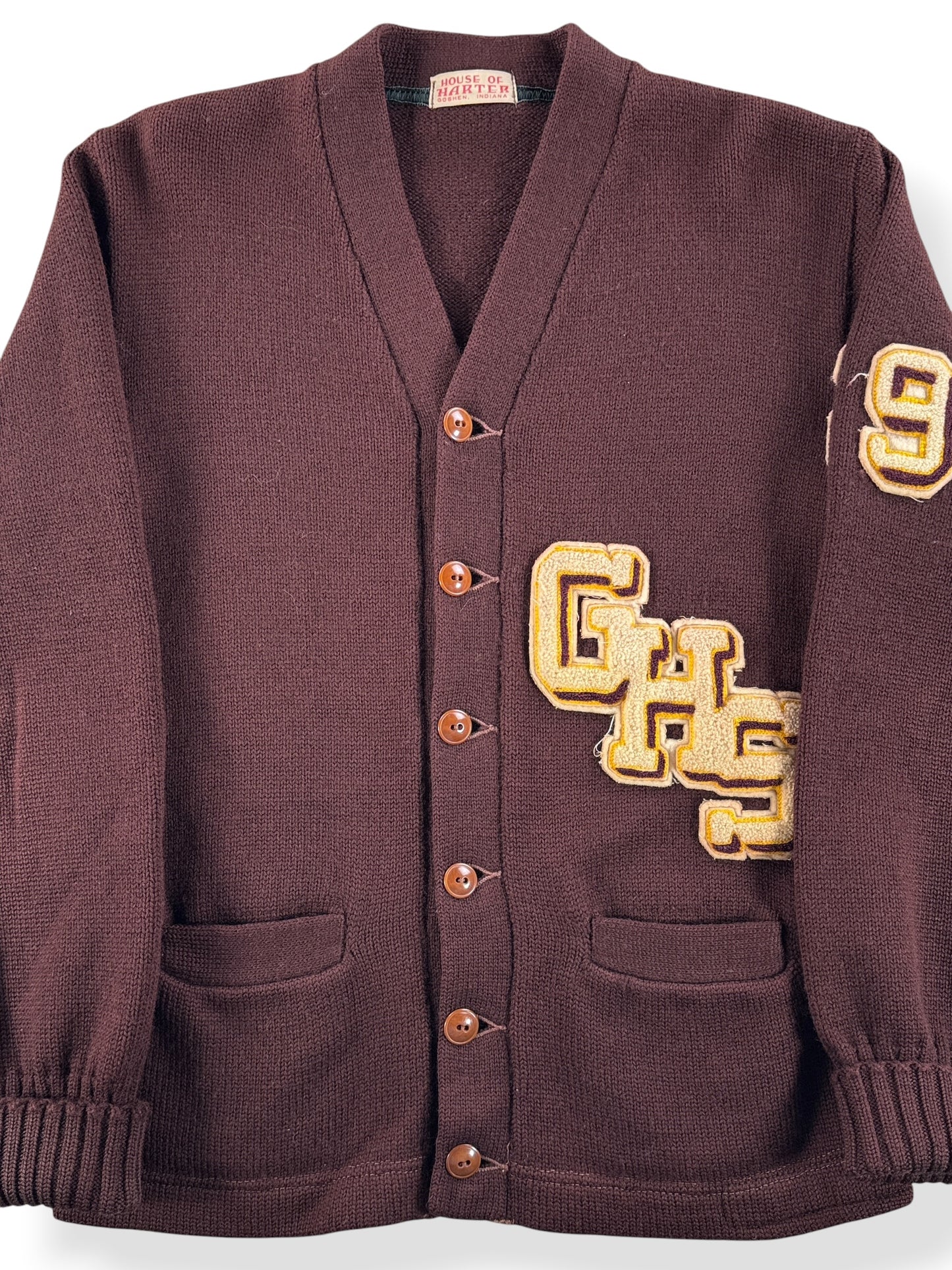 Front Close Up of Vintage Brown Letterman GHS Cardigan SZ XS - AS IS