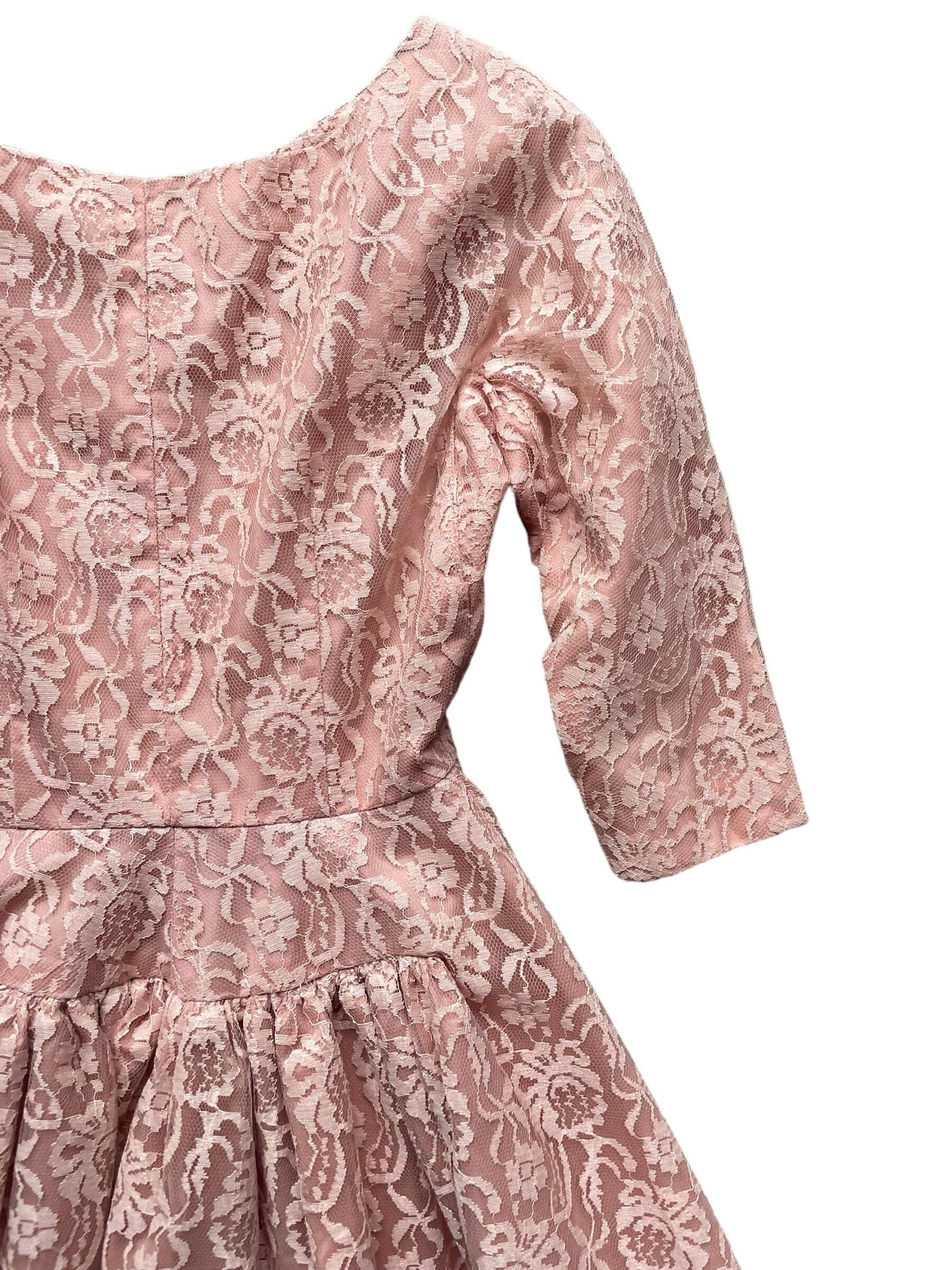 Back right shoulder view of Vintage 1950s Handmade Pink Lace Formal Dress |  Barn Owl Vintage Dresses | Seattle Vintage Ladies Clothing