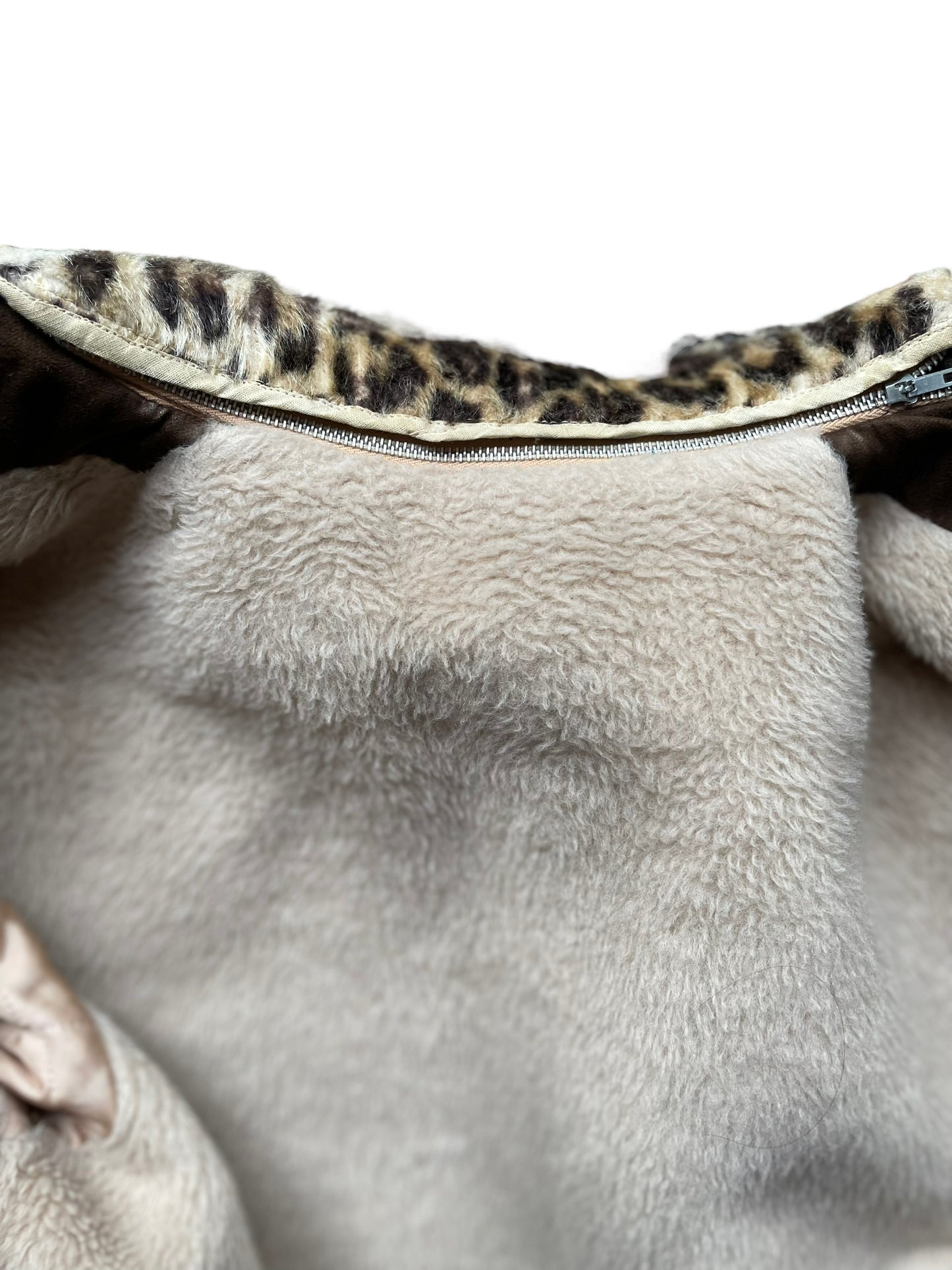 Inner collar view of Vintage 1960s Lanson Brown Coat with Leopard Fur Collar SZ M-L | Seattle True Vintage | Barn Owl Vintage Coats